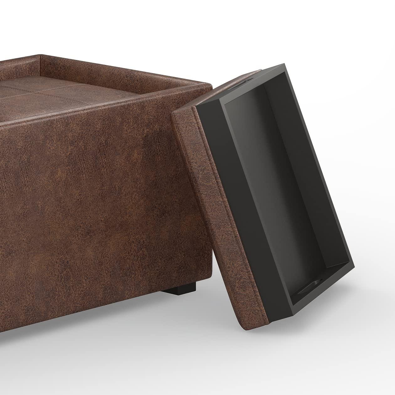 Simpli Home Avalon 35"W Upholstered Storage Ottoman Set with 5 Pieces and Flip-Over Serving Tray Lids