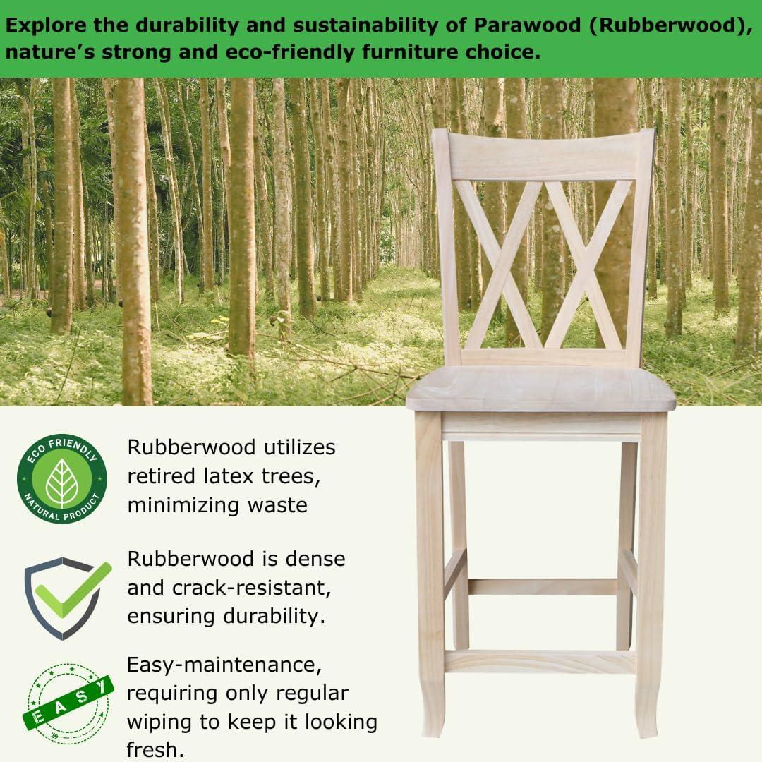 24" Double X Back Counter Height Barstool Unfinished - International Concepts: Solid Wood, Kitchen Island Seating