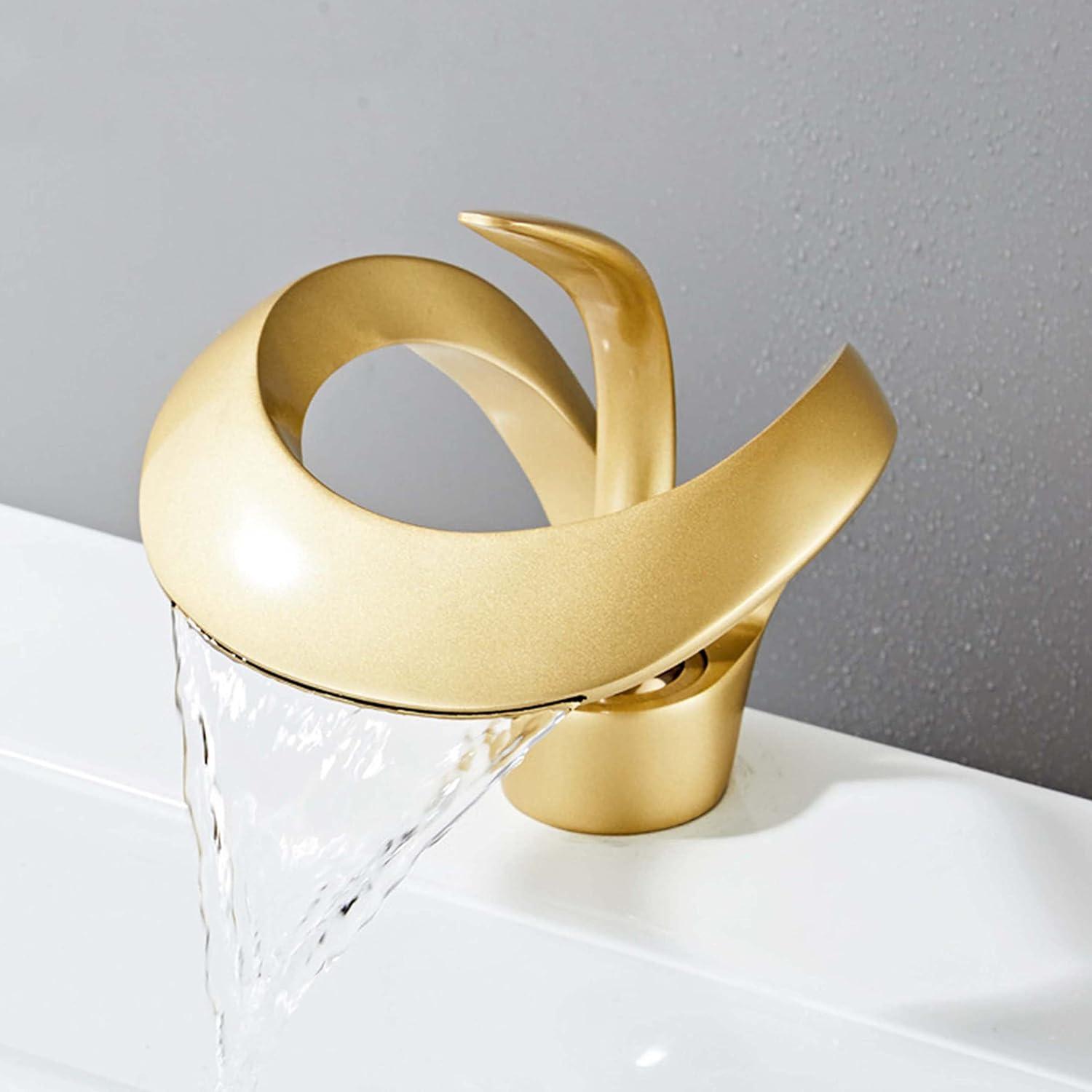 Brushed Gold Solid Brass Waterfall Bathroom Faucet