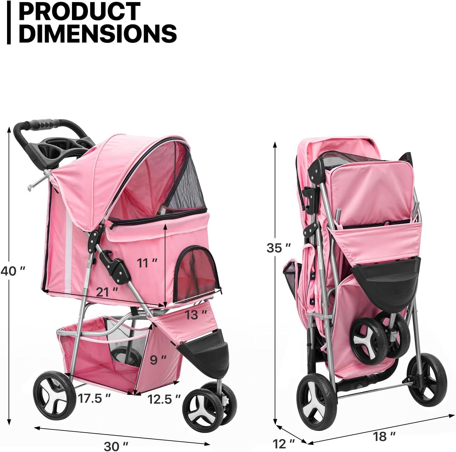 3 Wheel Folding Pet Stroller, Foldable Dog Jogger Stroller with Storage Basket, Cup Holder & Canopy