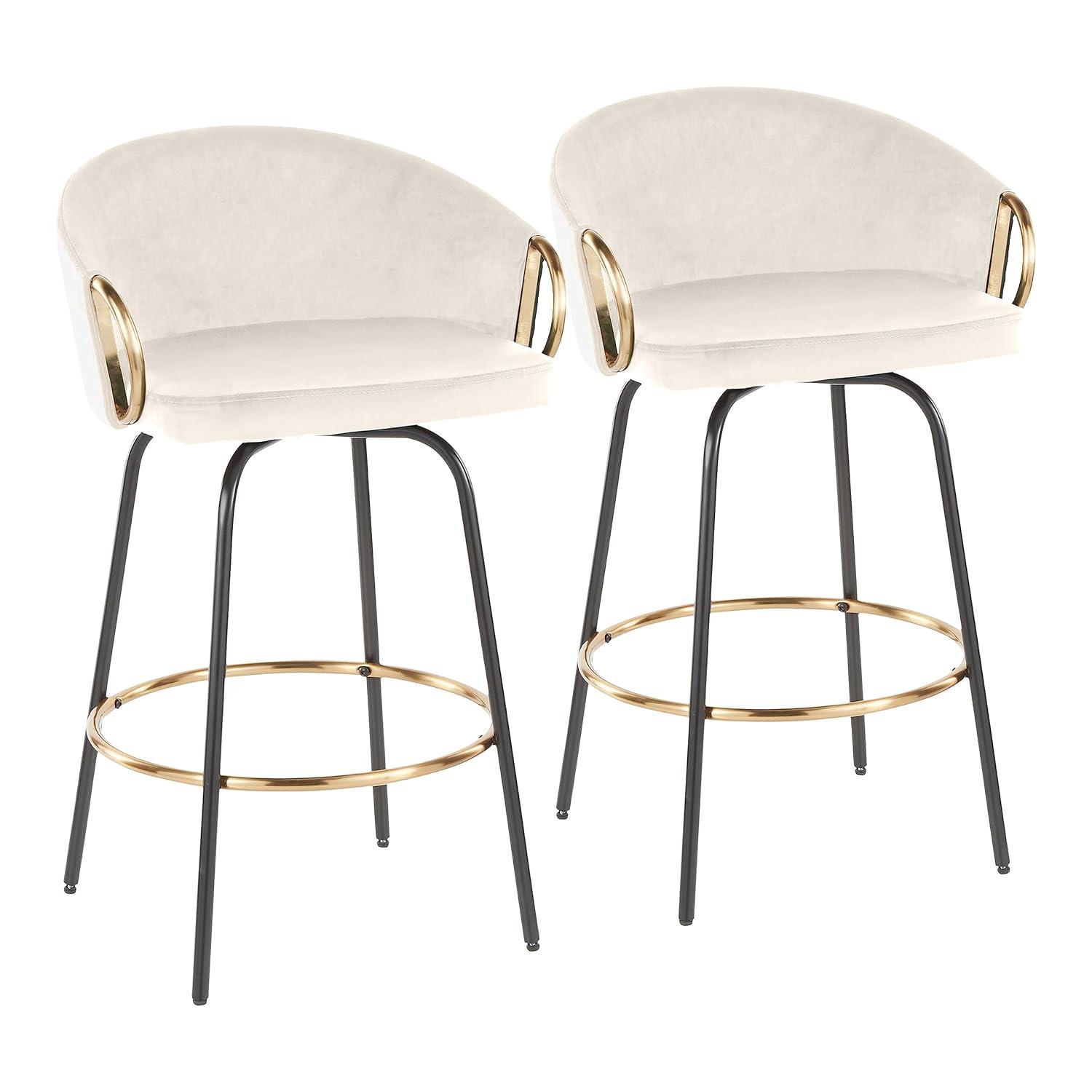 Set of 2 Claire Counter Height Barstools Gold/Cream/Black - LumiSource: Velvet Upholstery, Swivel, Footrest