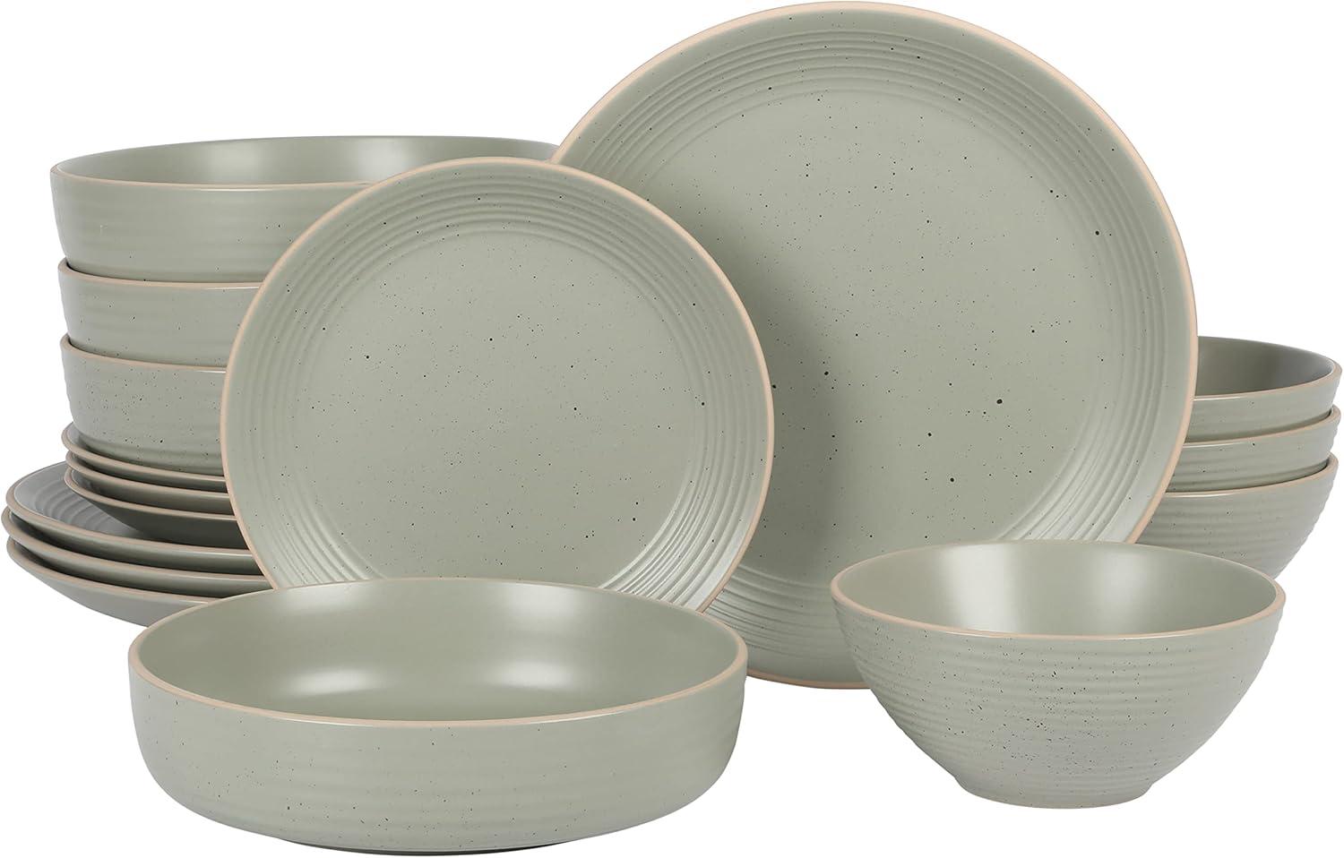 Sage Green Ceramic 16-Piece Embossed Dinnerware Set