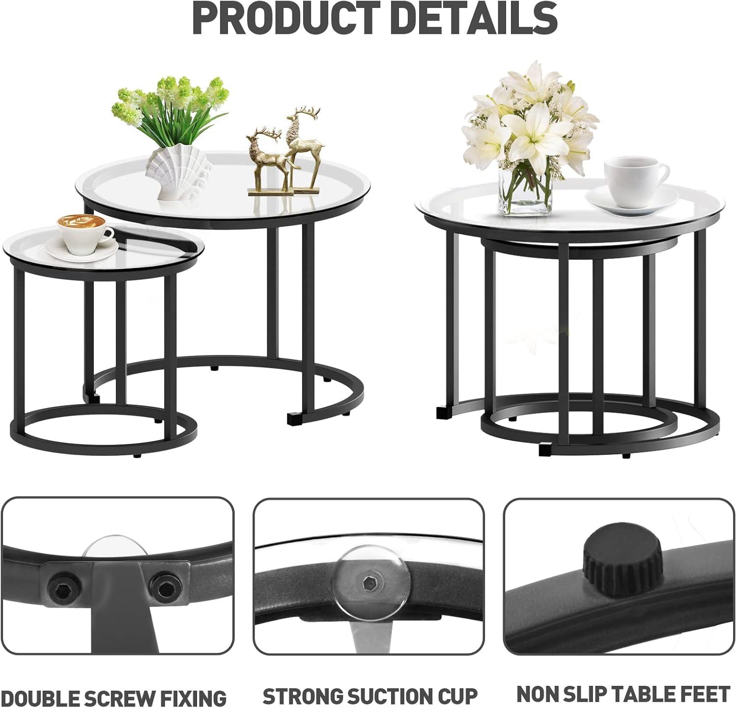 Black Glass and Metal Round Nesting Coffee Tables, Set of 2