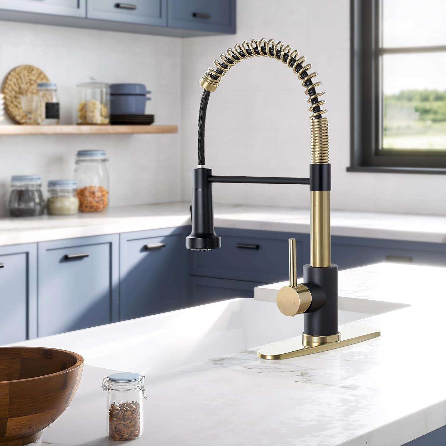 Black and Gold Stainless Steel High-Arc Kitchen Faucet with Pull-Out Spray