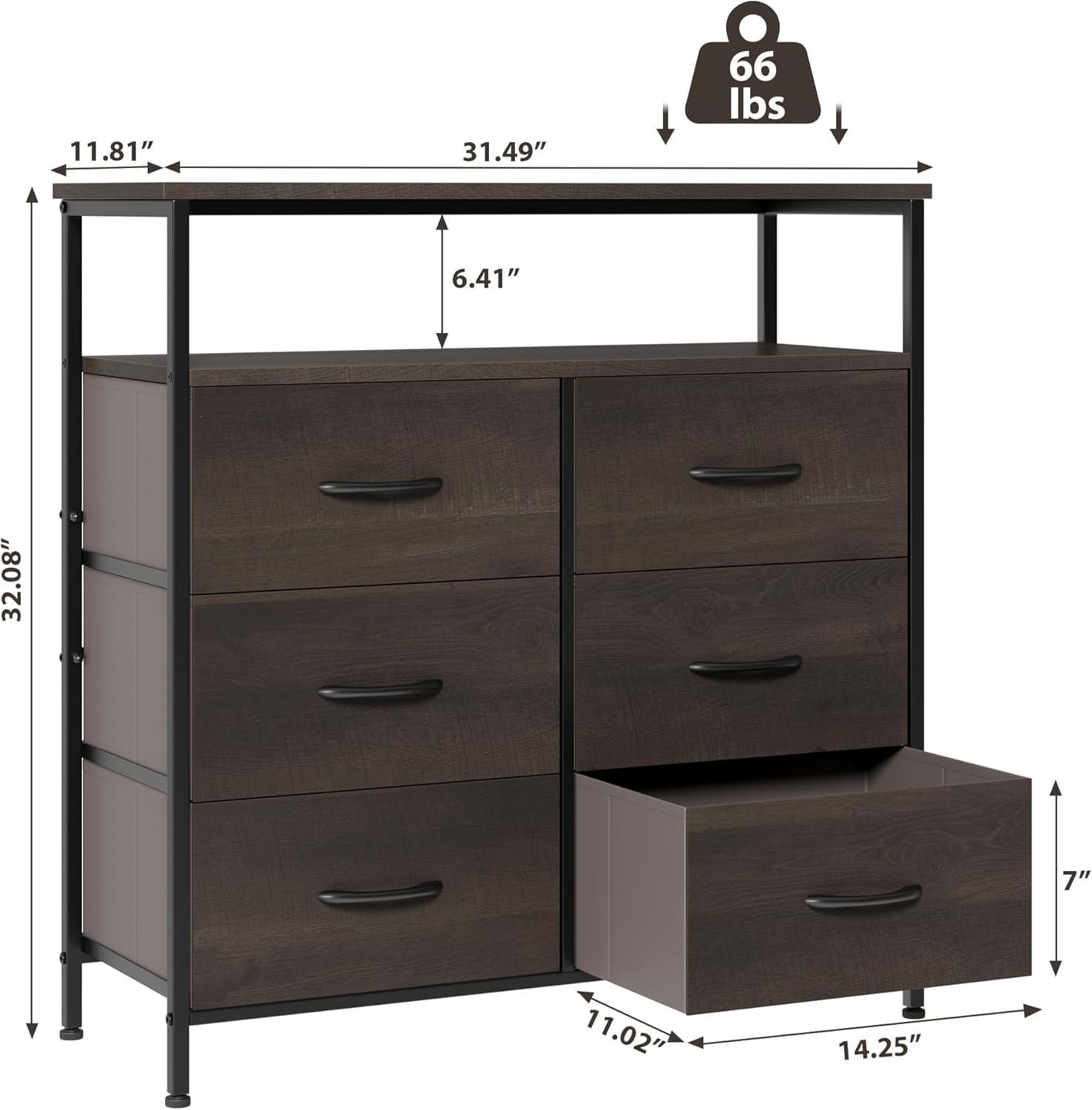 Dresser for Bedroom, 6 Drawer Dresser for Closet, Clothes, Kids, Chest of Drawers TV Stand with Storage Drawers, Wood Top, Fabric Drawers