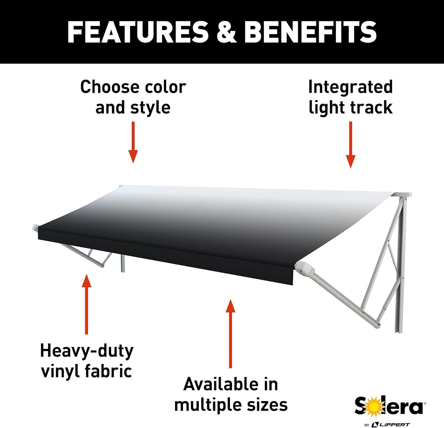 Lippert V000211483 Solera Manual Roller Awning Assembly with White Weatherguard, Black Fade - 15' x 8'