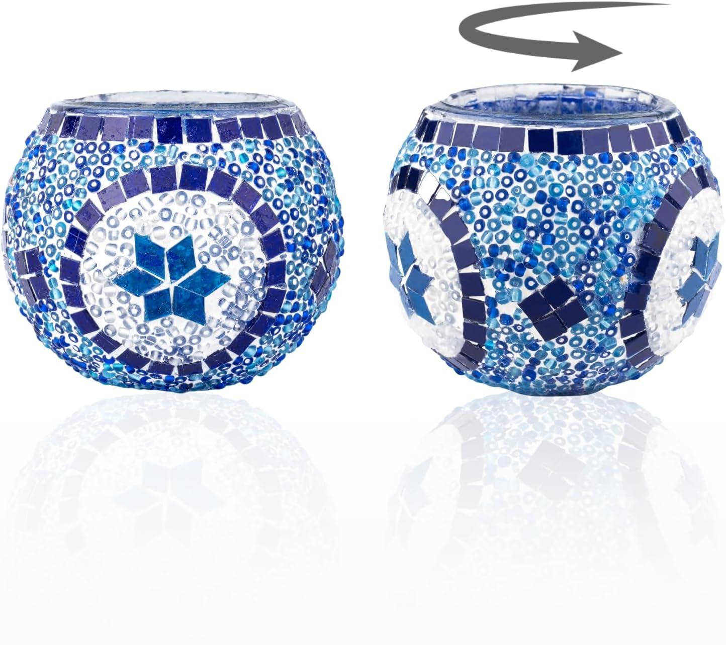 Kafthan 3.4 in. Handmade Blue and White Mosaic Glass Votive Candle Holder