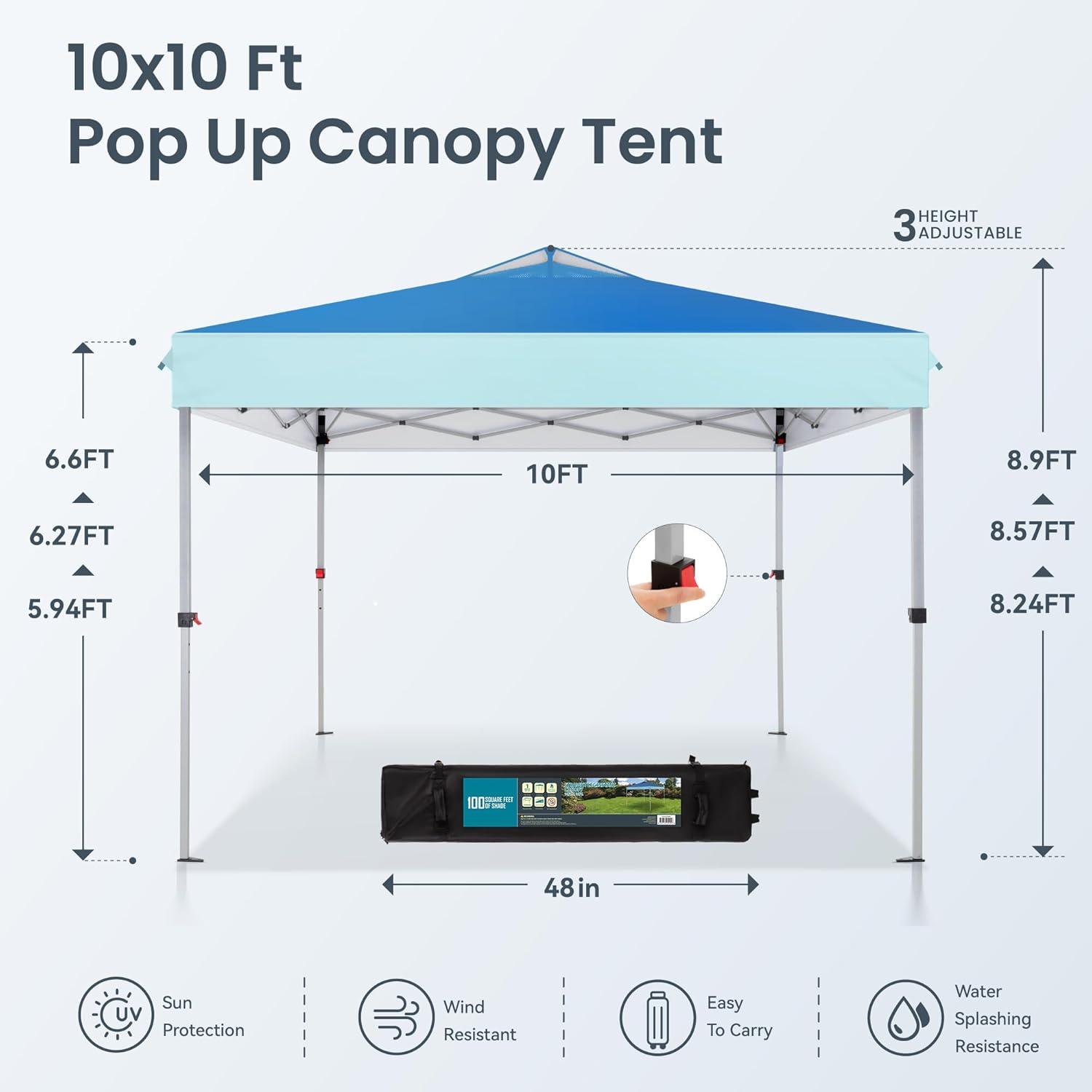 MAISON ARTS 10x10 Pop-up Canopy Portable Lightweight FoldingTent, Adjustable Height Instant Gazebo Canopy with Wheeled Bag Light Blue 10x10ft