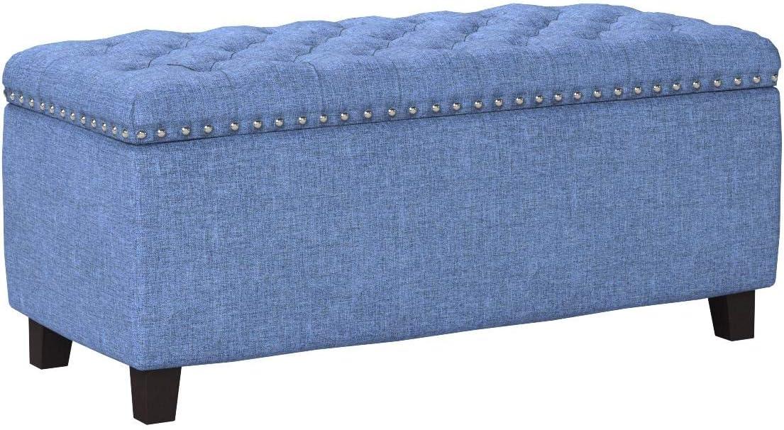 Nathaniel Home, Modern Storage Ottomans, Rectangular Ottomans with Storage, Nailhead Trim Ottomans, Upholstered Ottoman Coffee Table for Bedroom Blue