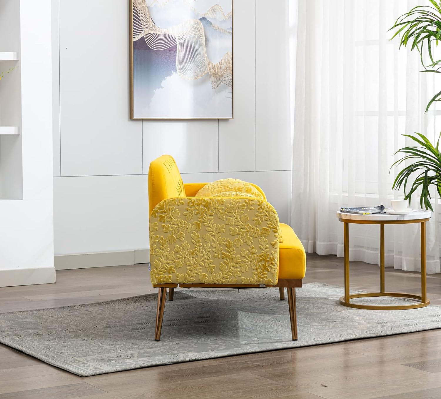 55" Velvet Sofa with 2 Pillows and Golden Metal Legs,Twin Size Loveseat Accent Couch with Button Tufted Backrest and Armrests, Living Room Sofa