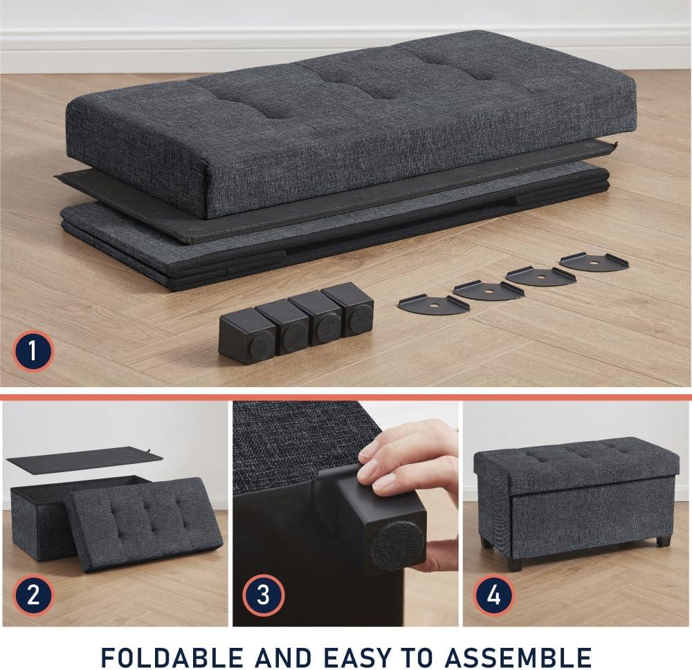 Ornavo Home Foldable Tufted 30 Inch Linen Bench Storage Ottoman with Legs - Black