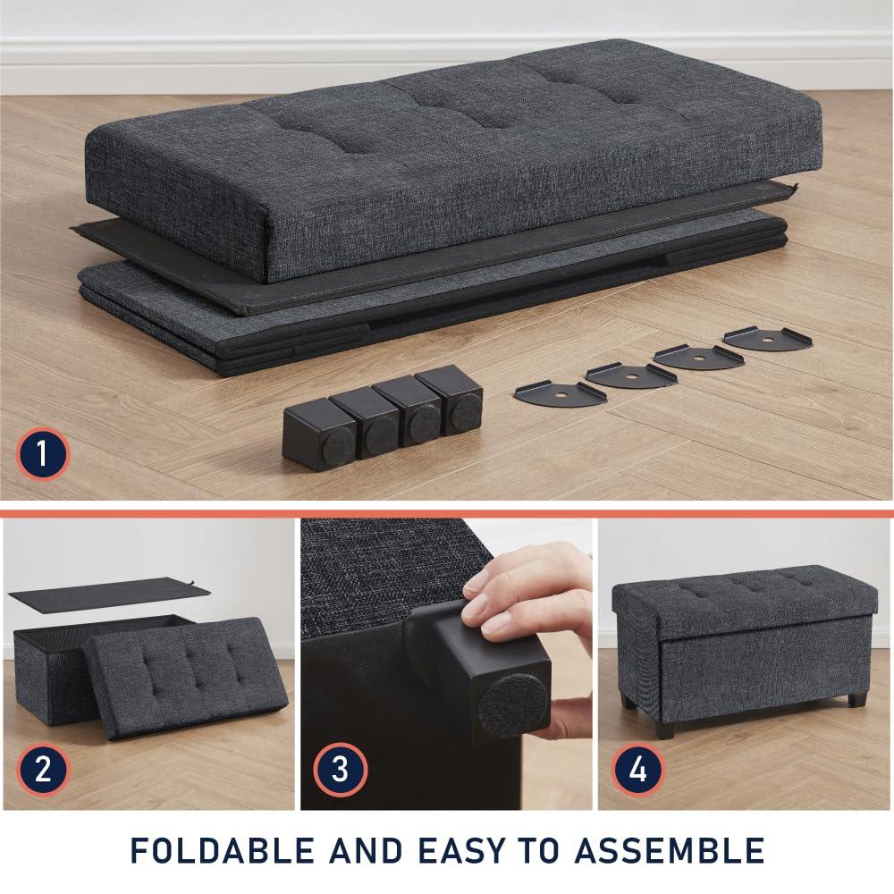 Ornavo Home Foldable Tufted 30 Inch Linen Bench Storage Ottoman with Legs - Black