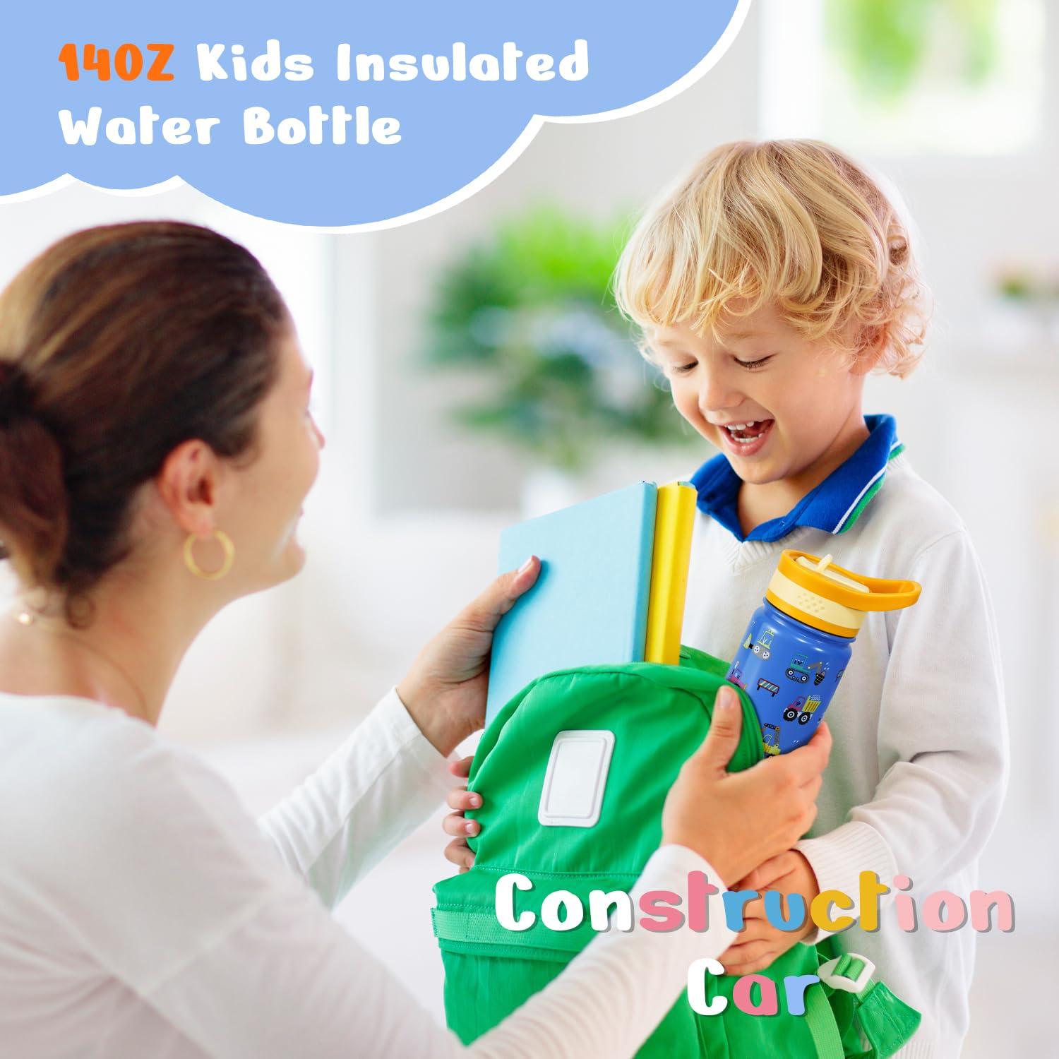 Buzio Insulated Water Bottle with Straw for Kids, 2 Lids Double Vacuum Metal Water Bottle, 14 Ounce, Blue Shark