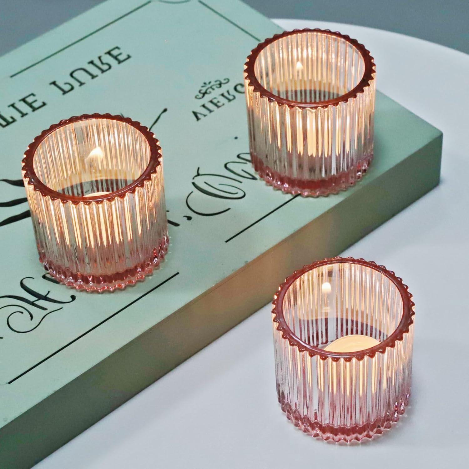 Koyal Wholesale Blush Pink Ribbed Candle Holders, Set of 6