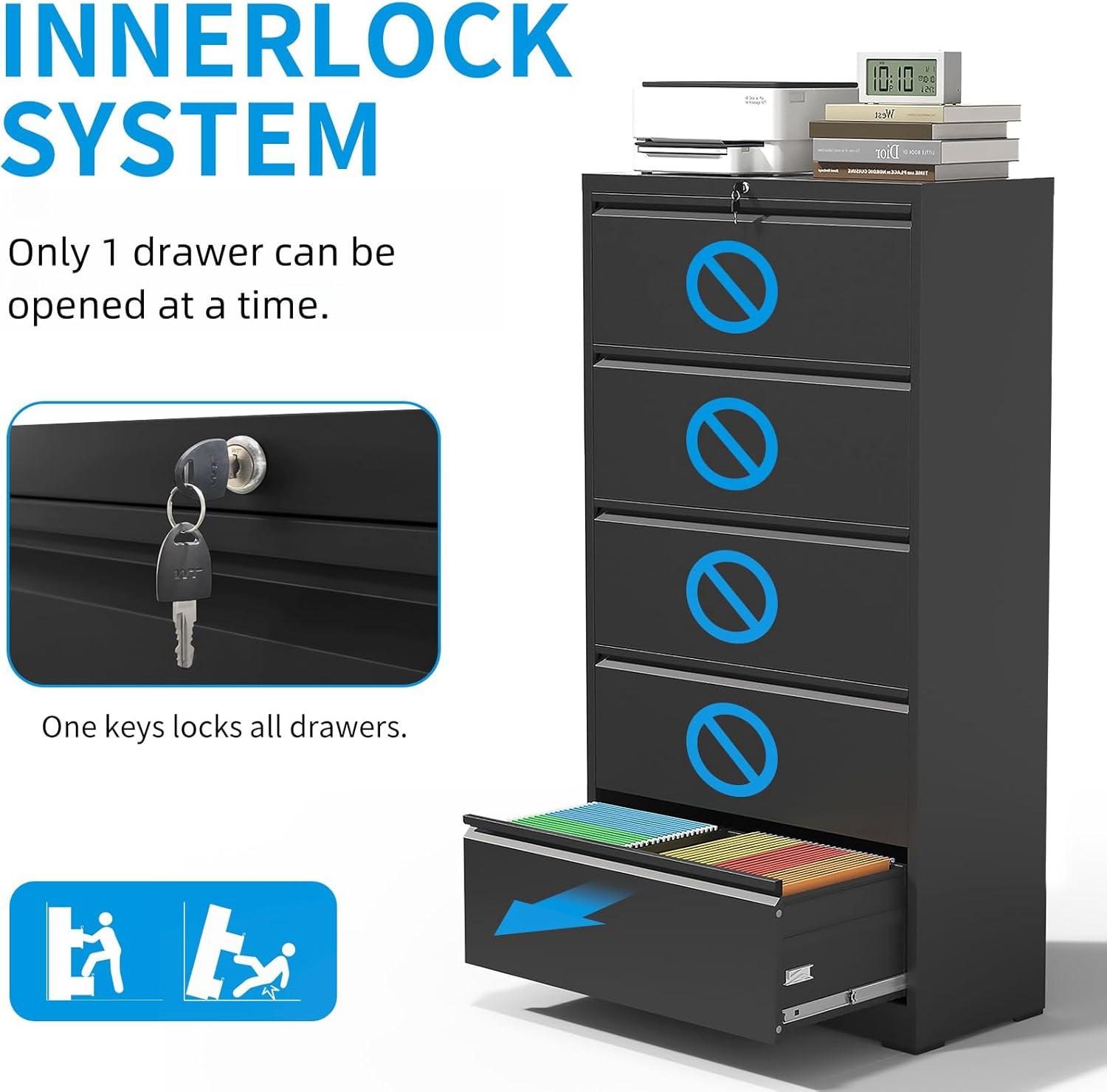 DeeHome 5 Drawer Metal Lateral File Cabinet , Black Filing Cabinet with Lock, Lockable File Cabinet for Home Office, Locking Metal File Cabinet for Legal/Letter/A4/F4 Size