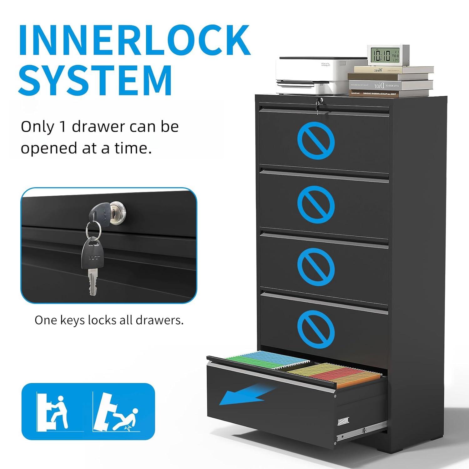 DeeHome 5 Drawer Metal Lateral File Cabinet , Black Filing Cabinet with Lock, Lockable File Cabinet for Home Office, Locking Metal File Cabinet for Legal/Letter/A4/F4 Size