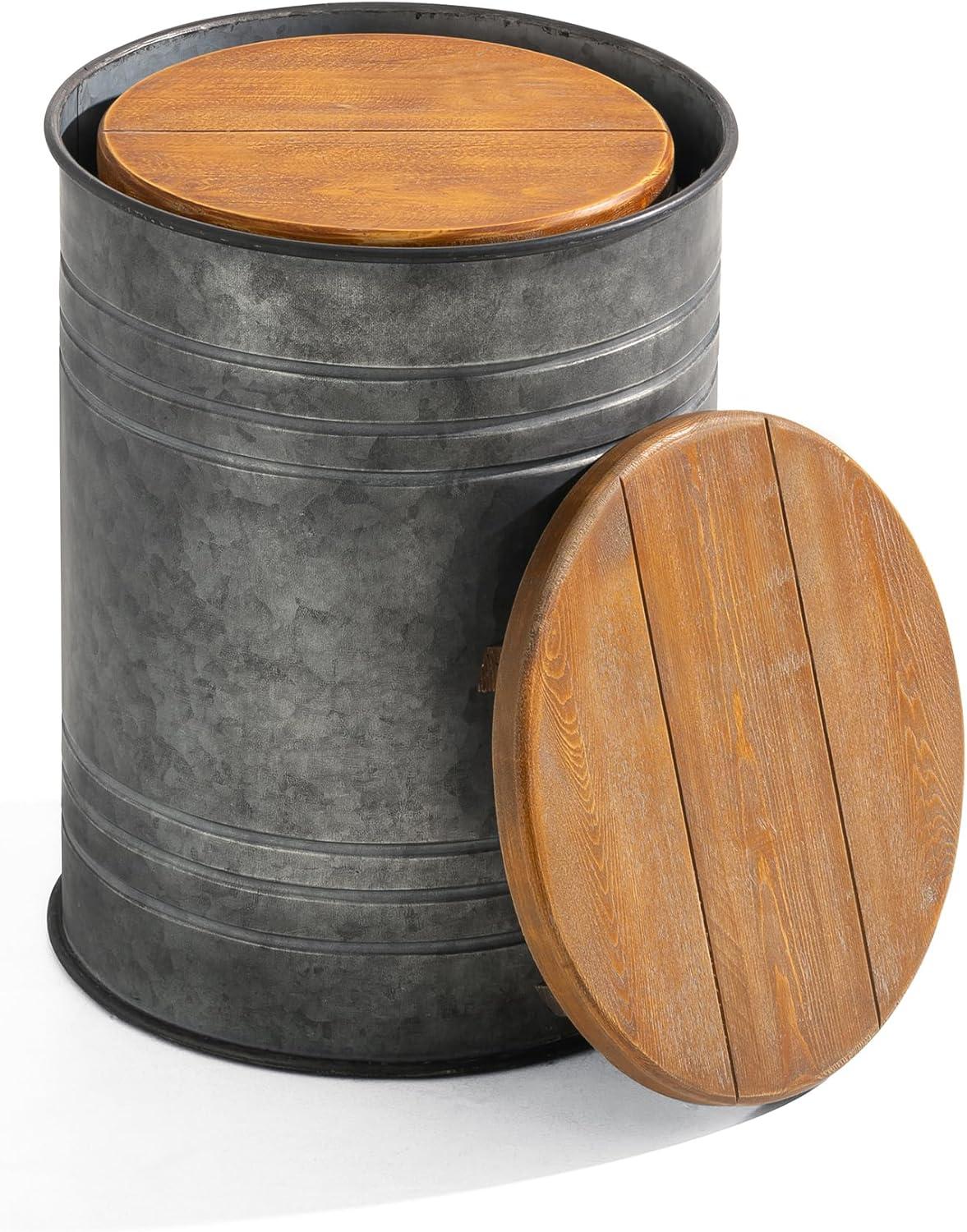 Rustic Dark Gray Metal Storage Stools with Wood Lids, Set of 2