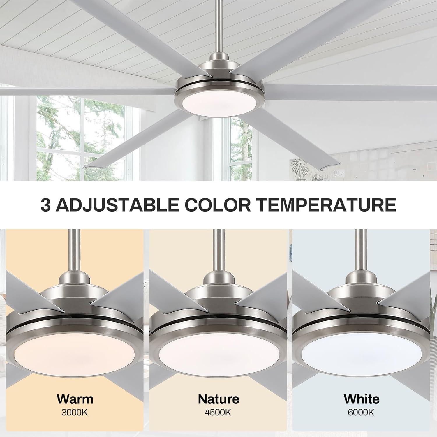 96" Industrial Ceiling Fan with Light and Remote Control, 6-Speed Noiseless Reversible DC Motor, 6 Durable Aluminum Double-Layer Blades Large Ceiling Fan for Home or Commercial Silver