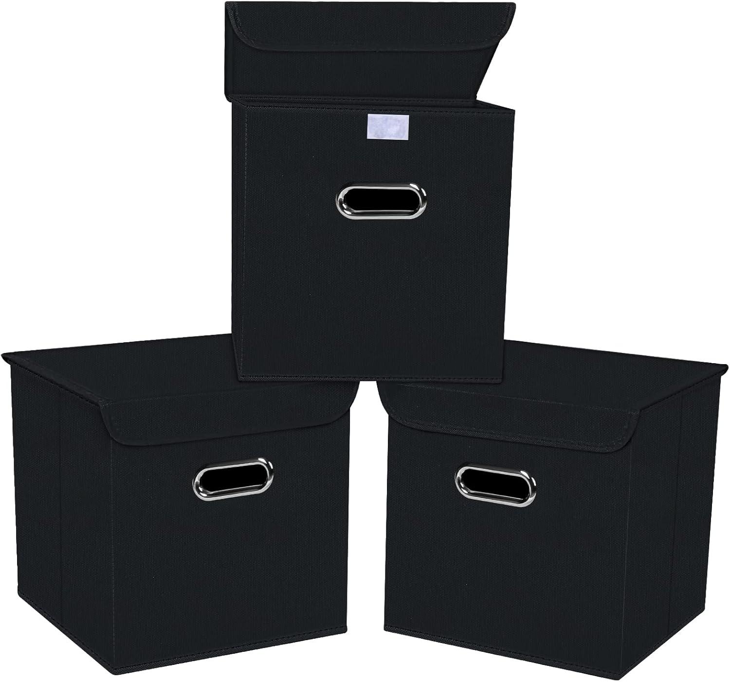 Fabric Storage Cube Bins with Lids Closet Organizers collapsible storage bins basket with Handles for Home,Storage Boxes for Organizing,3 Pack,(black)