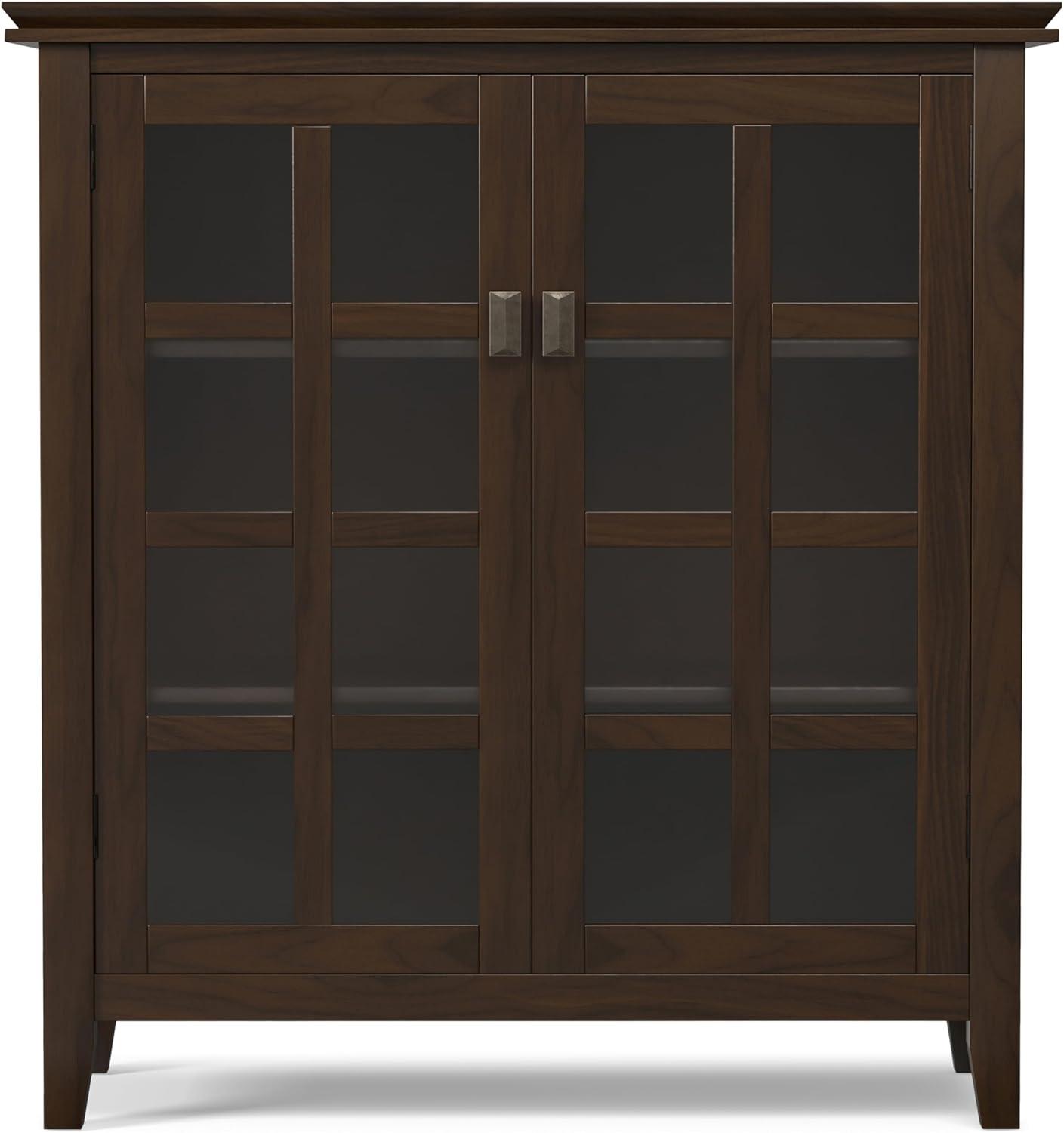 Simpli Home Artisan 38"W Solid Wood 4-Shelf Medium Storage Cabinet with Glass Doors and Adjustable Shelves