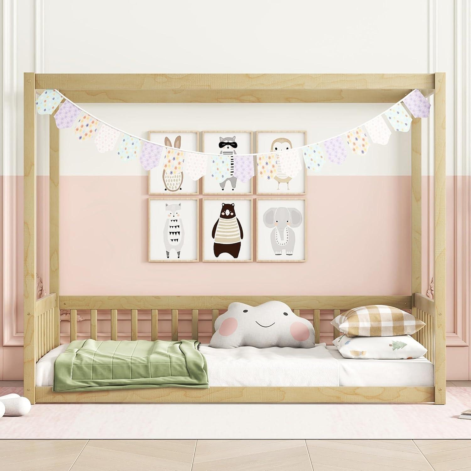 Natural Pine Twin Canopy Bed with Drawer and Headboard