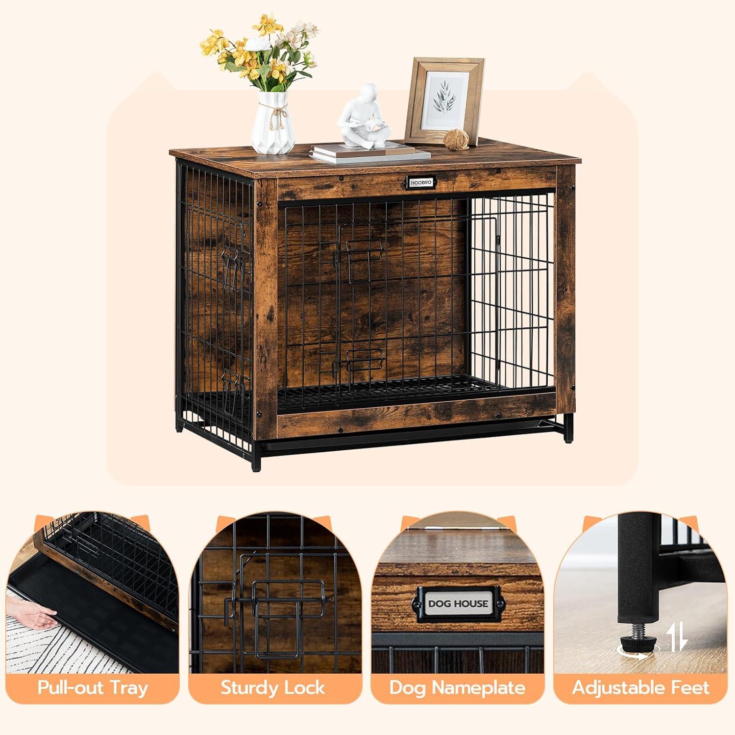 Rustic Brown Small Wooden Dog Crate Table with Double Doors