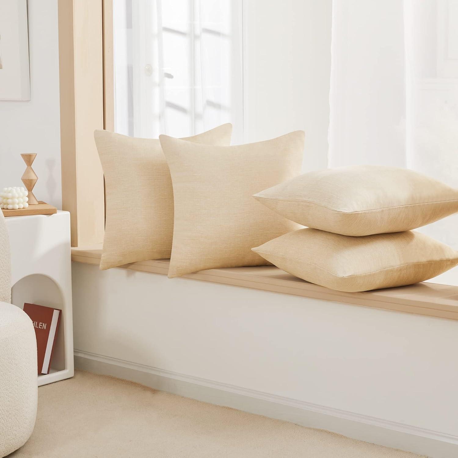 Deconovo Decorative Throw Pillow Covers - Set of 4 Soft Linen Cushion Covers, 20x20 Inch, Green & Machine Washable Pillowcases for Sofa, Bedroom, Living Room Décor, Beige