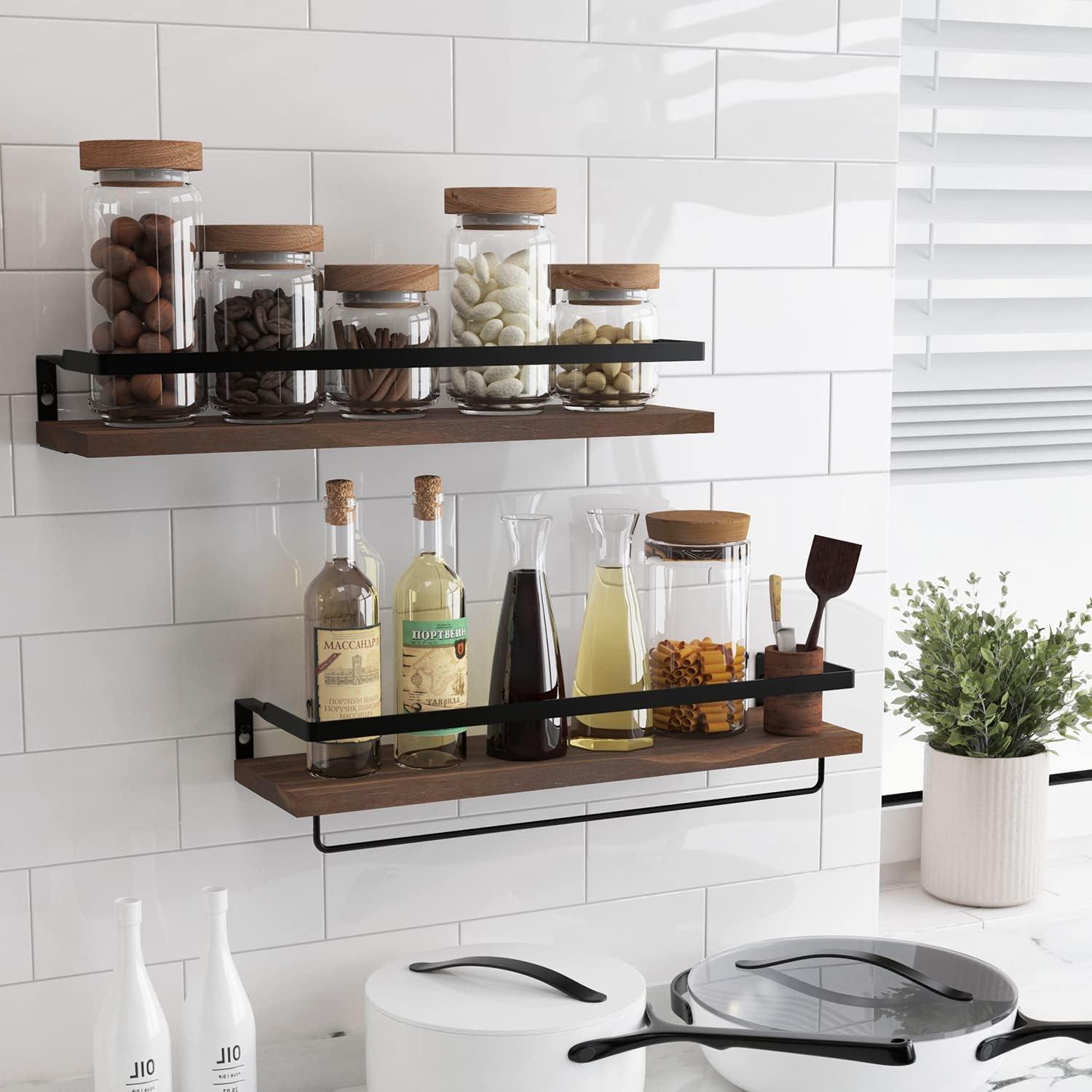 Brown Wood Floating Wall Shelves with Towel Rack