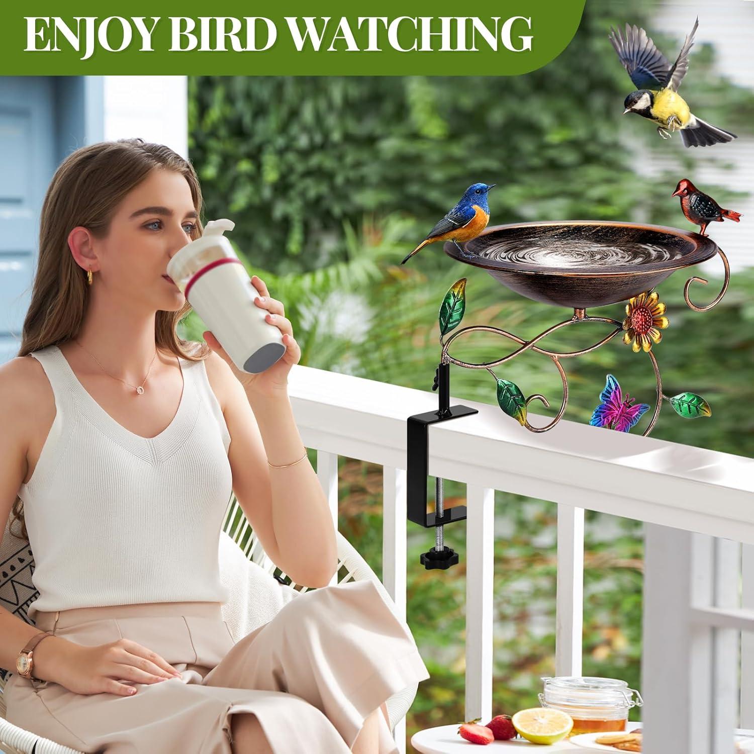 August Grove® Deck Mounted Bird Bath Detachable Metal Birdbath Bowl With Adjustable Clamp