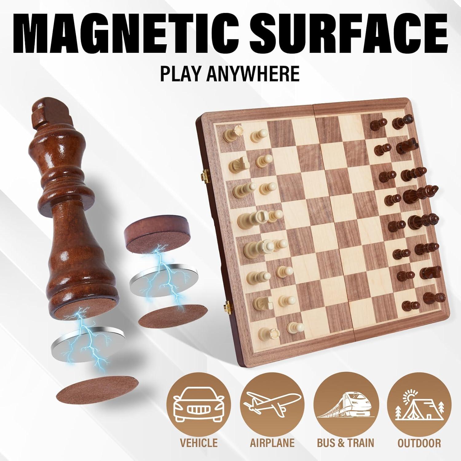 KiddiTouch 15 inch Magnetic Wooden Chess Set 2 in 1 Folding Chess Board Travel Chess Games for Adults and Kids-2 Extra Queen Pieces