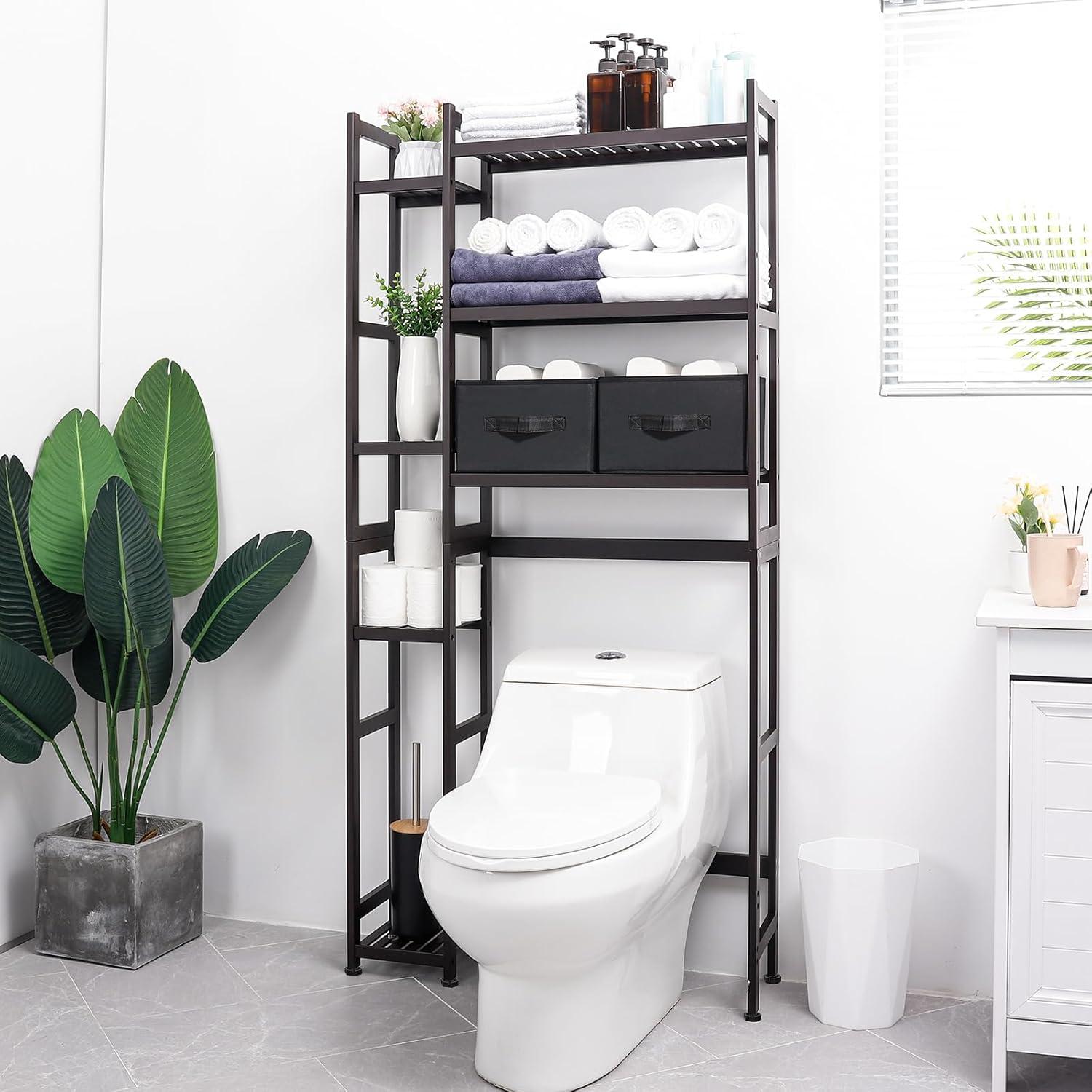 Over The Toilet Storage with Basket and Drawer, with Adjustable Shelf & Waterproof Feet Pad