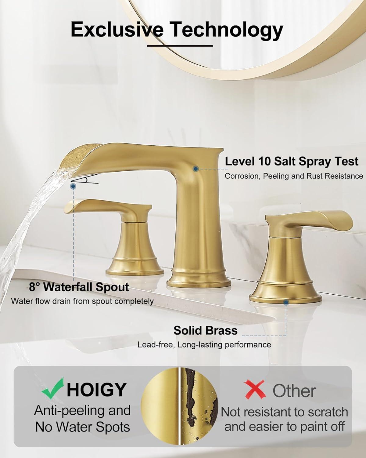 Brushed Gold Brass Double Handle Waterfall Bathroom Faucet