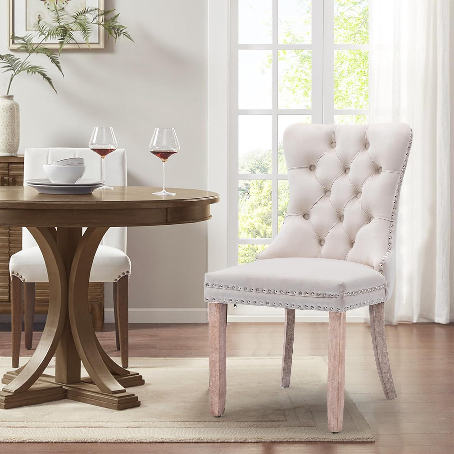 SoarFlash Velvet Dining Chairs Set of 4, Tall Back Side Chair, Modern Upholstered High-end Tufted Side Chair with Button Back Ring, Solid Wood Legs (Beige)