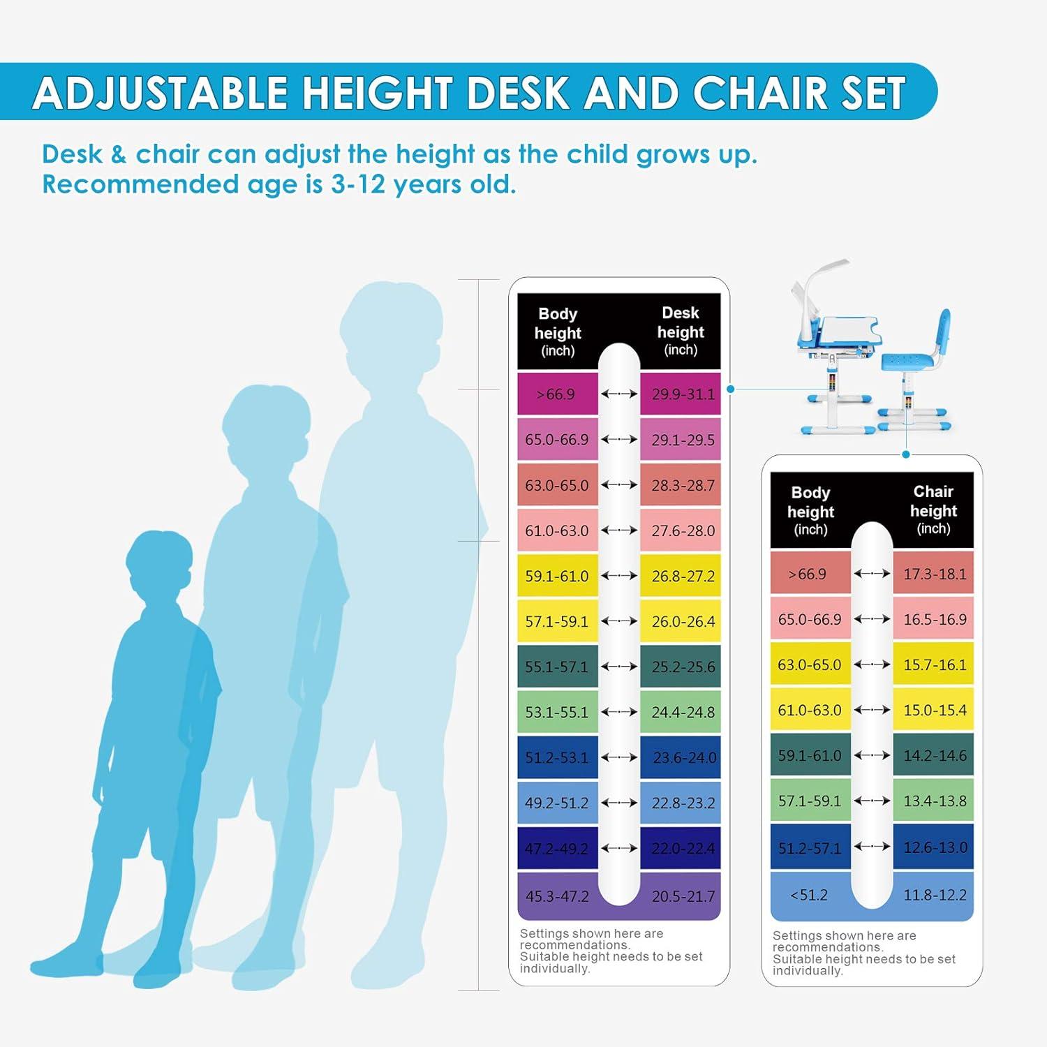 Artist hand Kids Study Table and Chair Set,Adjustable Girls School Writing Study Table,with Large Writing Board LED Pull Out Drawer Pencil Case Bookstand