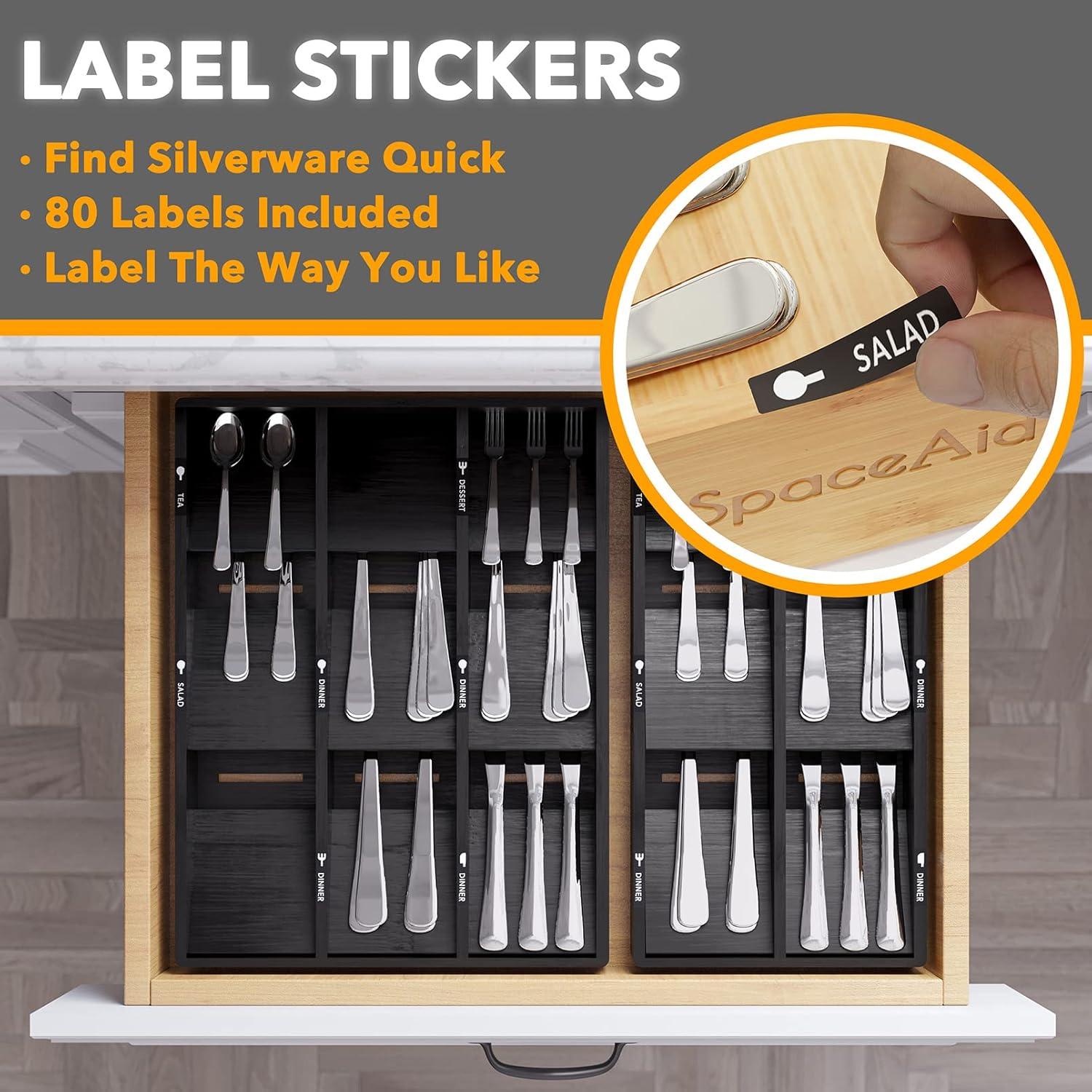Bamboo Silverware Drawer Organizer with Labels - Kitchen Utensil Tray Holder for Flatware, Cutlery, Spoons, and Knives,Slots