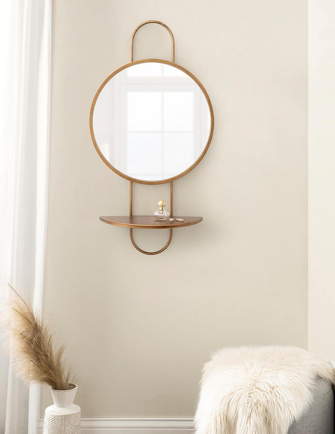 Gold Round Mirror with Wood Shelf, 19" x 33"