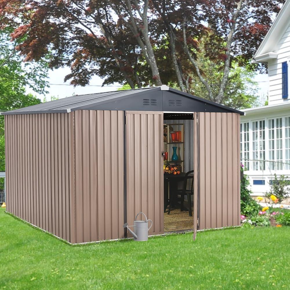U-MAX 8' x 10' Shed Outdoor Storage Shed Clearance, Extra Large Yard Steel Metal Garden Shed with Design of Lockable Doors, Tool and Utility Storage for Backyard, Garden, Patio, Outside use in Taupe
