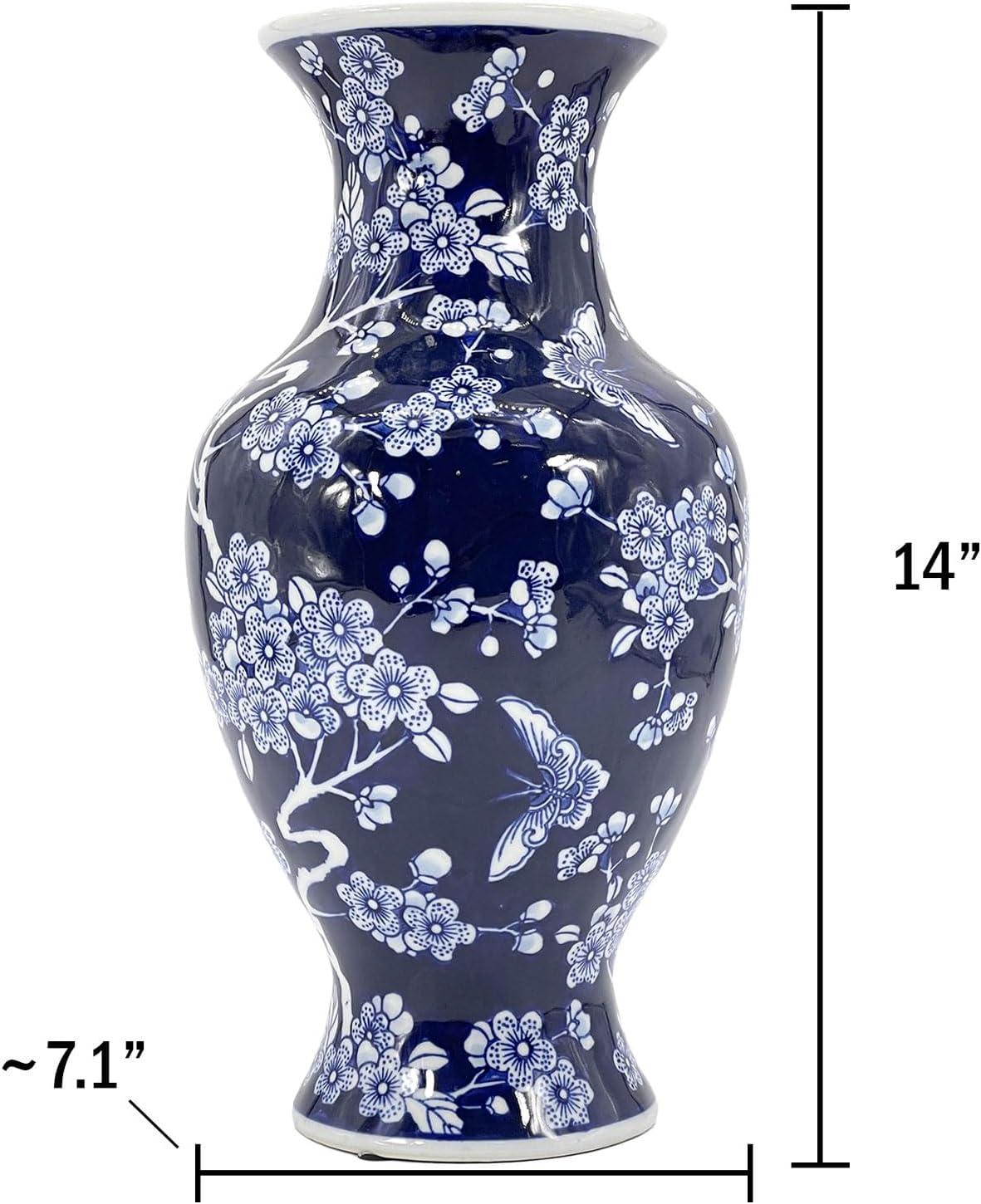 Dark Blue Floral Chinoiserie Ceramic Vase with White Accents
