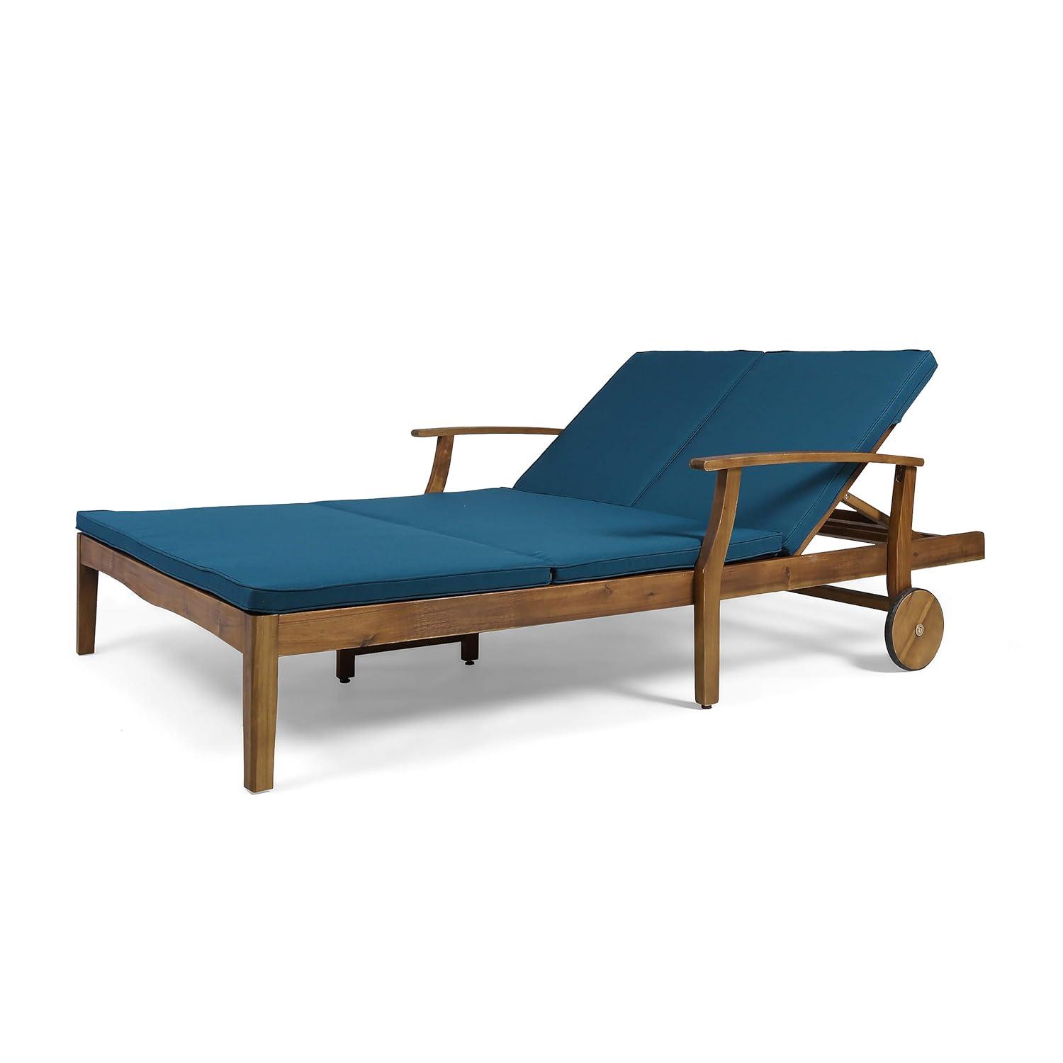 Perla Acacia Wood Double Chaise Lounge Teak/Blue - Christopher Knight Home