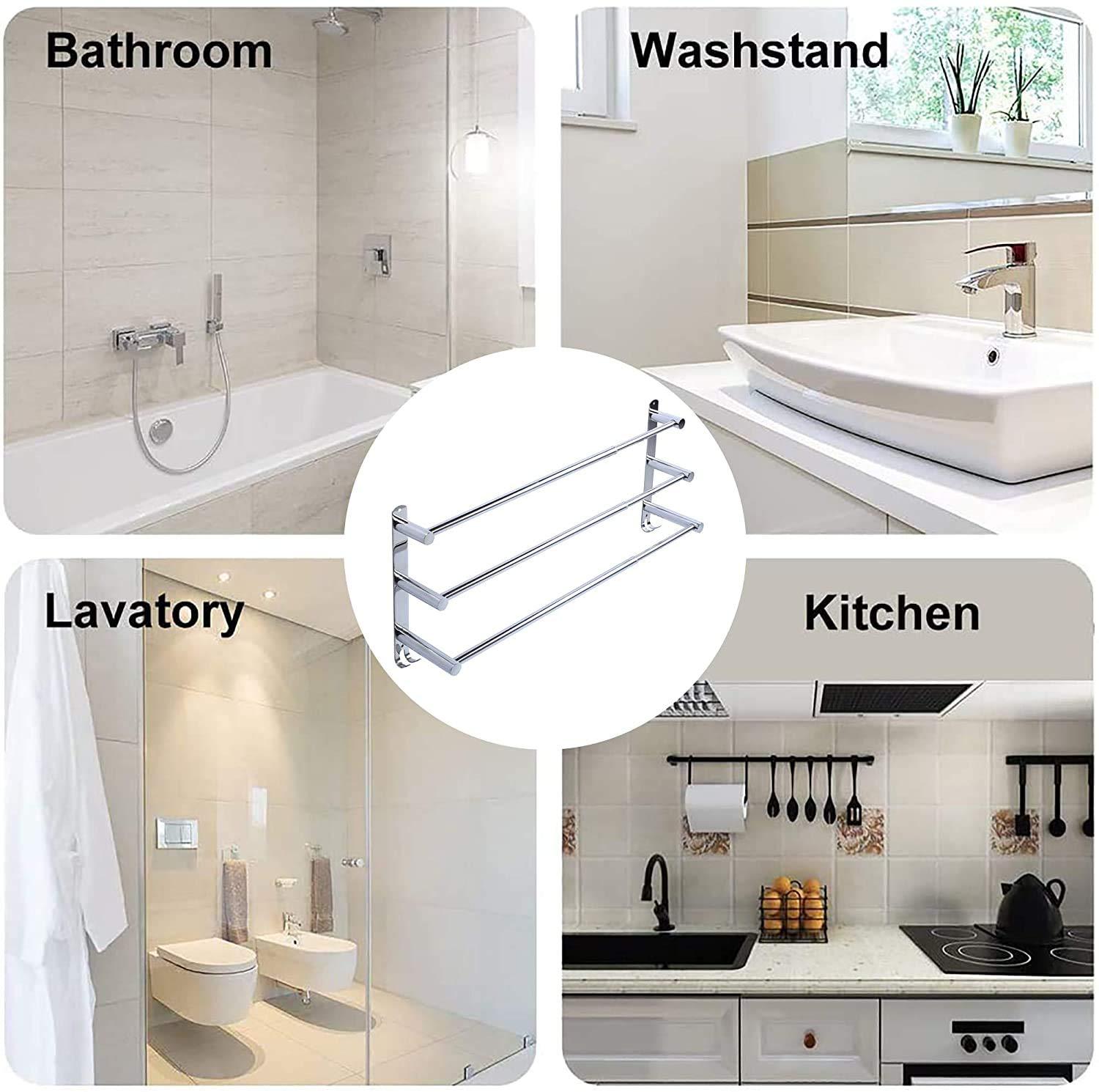 Towel Bars Hanger Freely Retractable 20-30 Inche Stainless Steel 304 Bath Rack Strong 3M Adhesive Bathroom Wall Free mounting Hole-Installing washroom Kitchen Space Saving 3 Bars
