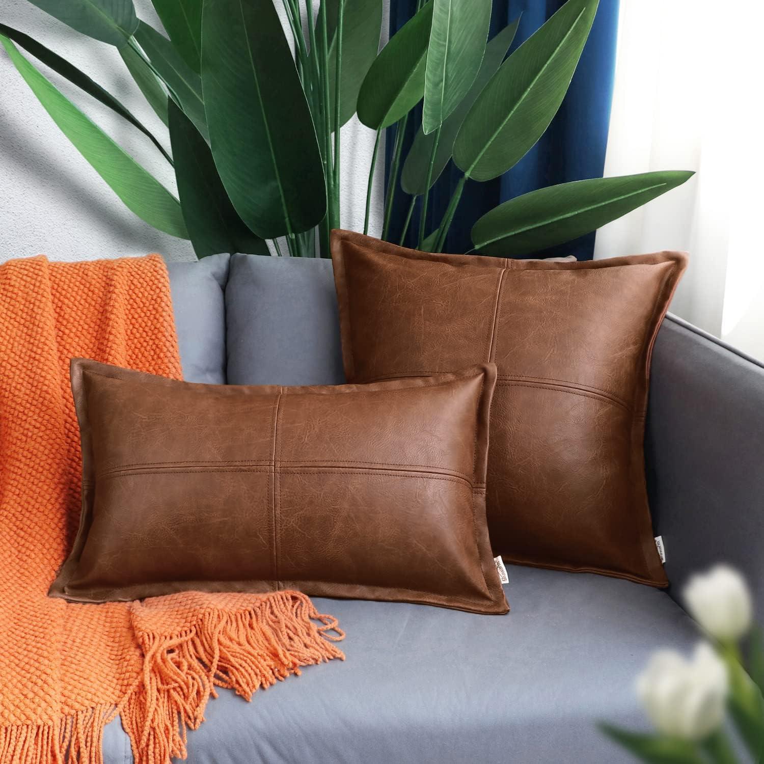 BRAWARM Dark Brown Leather Throw Pillow 12 X 20 Inches, Faux Leather Pillow Cover with Piping, Hand Stitched Leather Decorative Lumbar Throw Pillow Covers for Couch Sofa Bed Living Room Garden