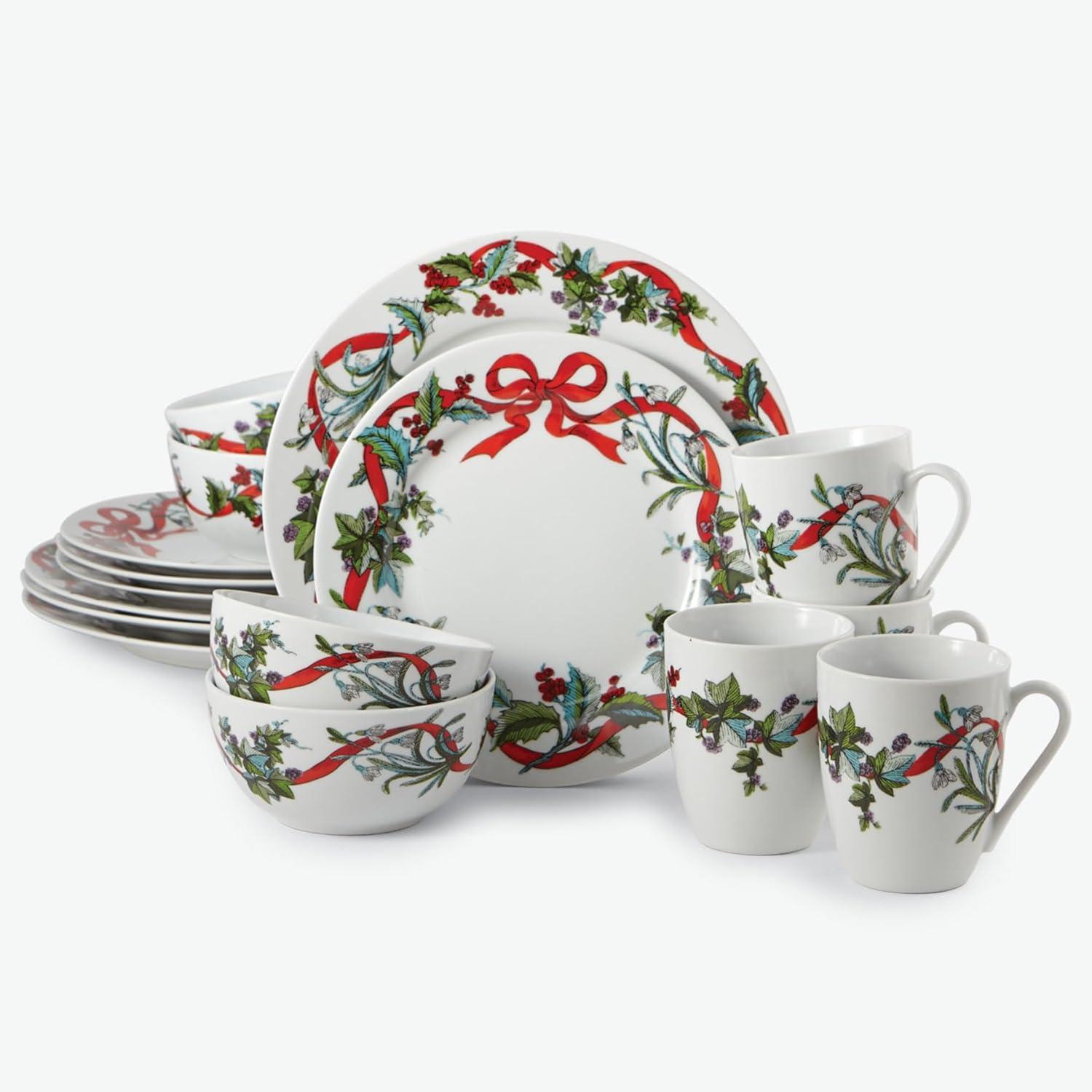 Festive White Ceramic Christmas Dinnerware Set, 16-Piece