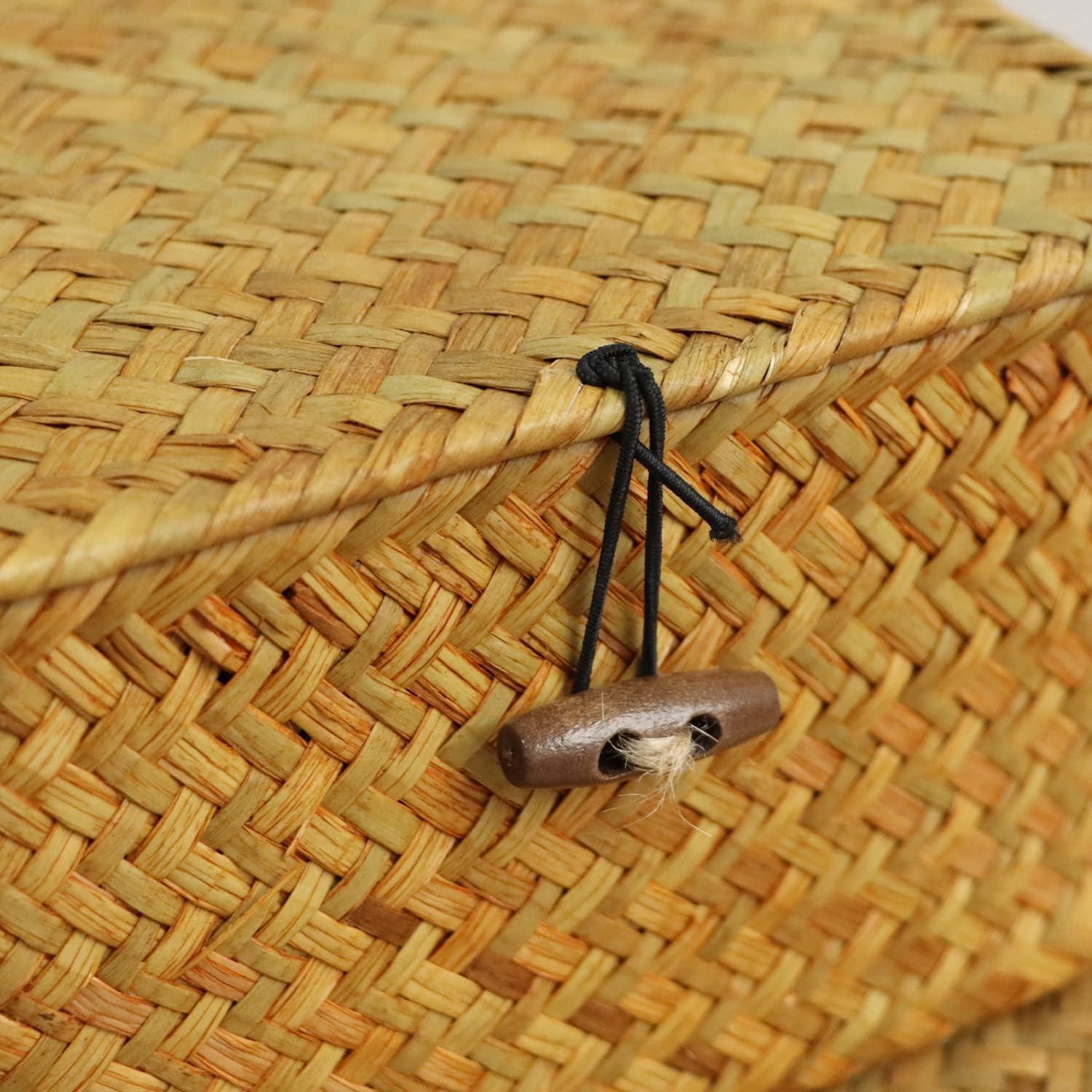 Wicker Shelf Baskets with Lid, Handwoven Seagrass Storage Basket Bins Square Gift Boxes for Shelves Home Decor Organizer (Natural, Set of 4)