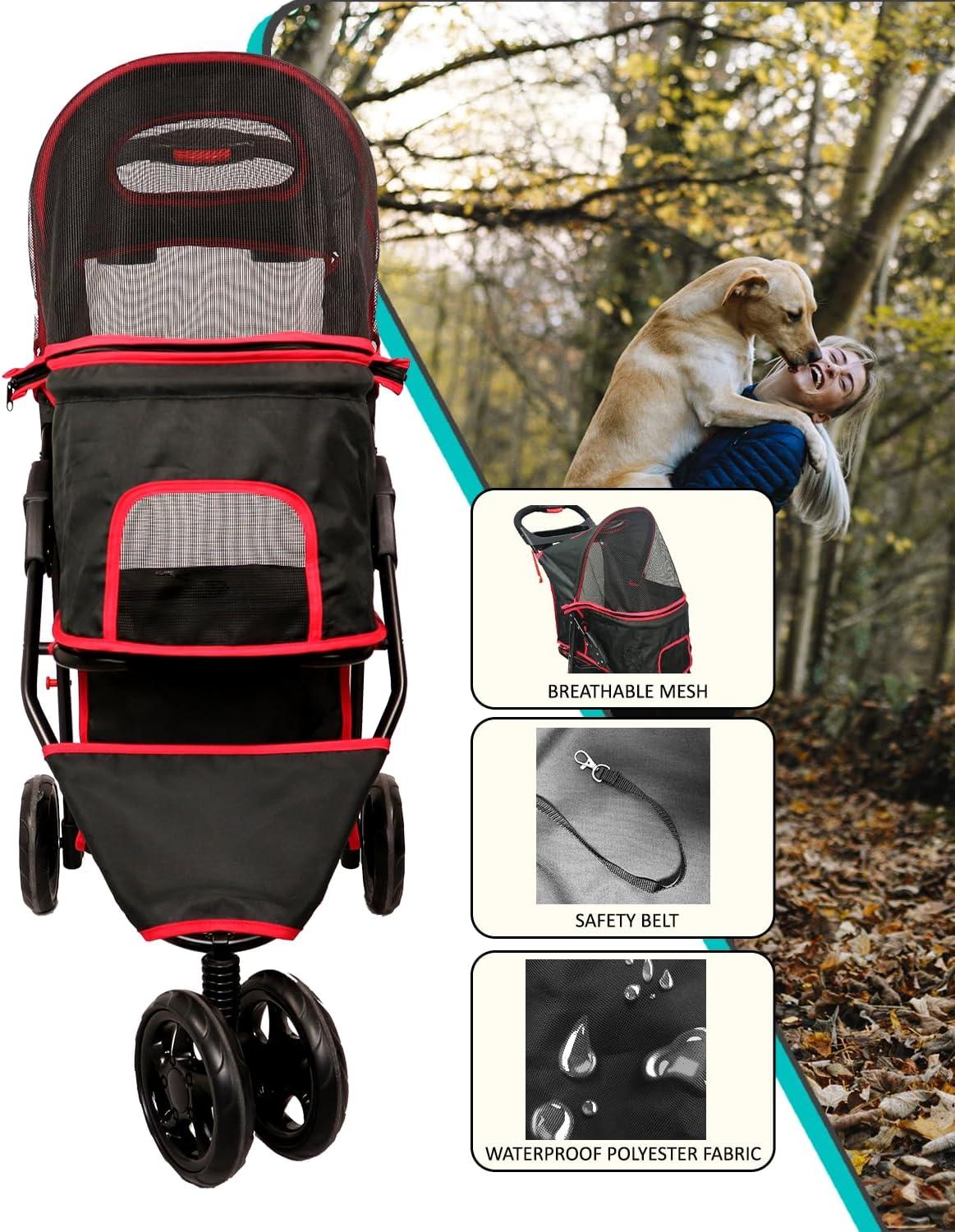 Black and Red Foldable Pet Stroller with Mesh Cover