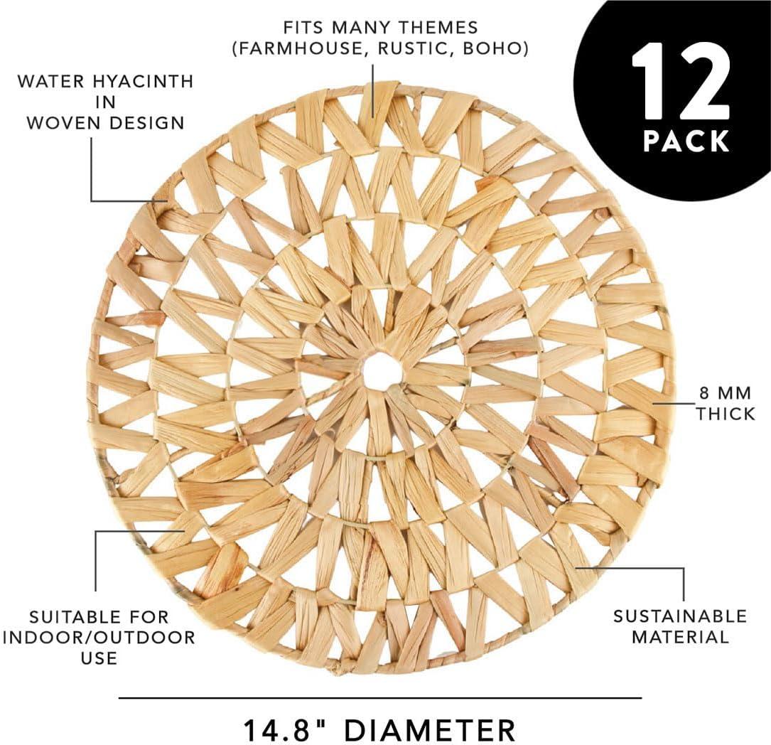 Koyal Wholesale Woven Placemats Set of 12, 14.8" Round Boho Placemats, Water Hyacinth Placemats, Farmhouse Place Mats, Wicker Placemats
