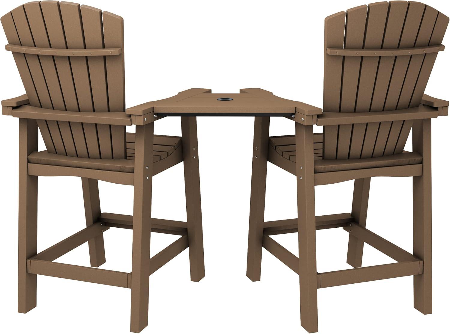 JUSTLET Tall Plastic Adirondack Chair Set of 2 W/ Outdoor Barstools and Connecting Tray, Brown
