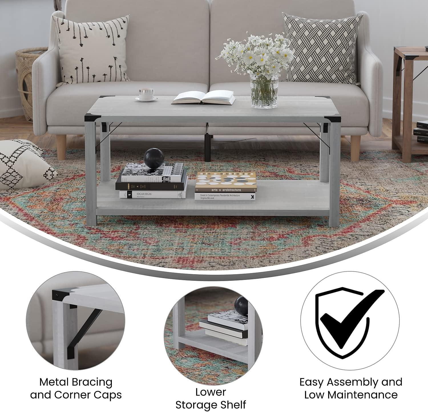 Flash Furniture Wyatt Modern Farmhouse Wooden 2 Tier Coffee Table with Metal Corner Accents and Cross Bracing