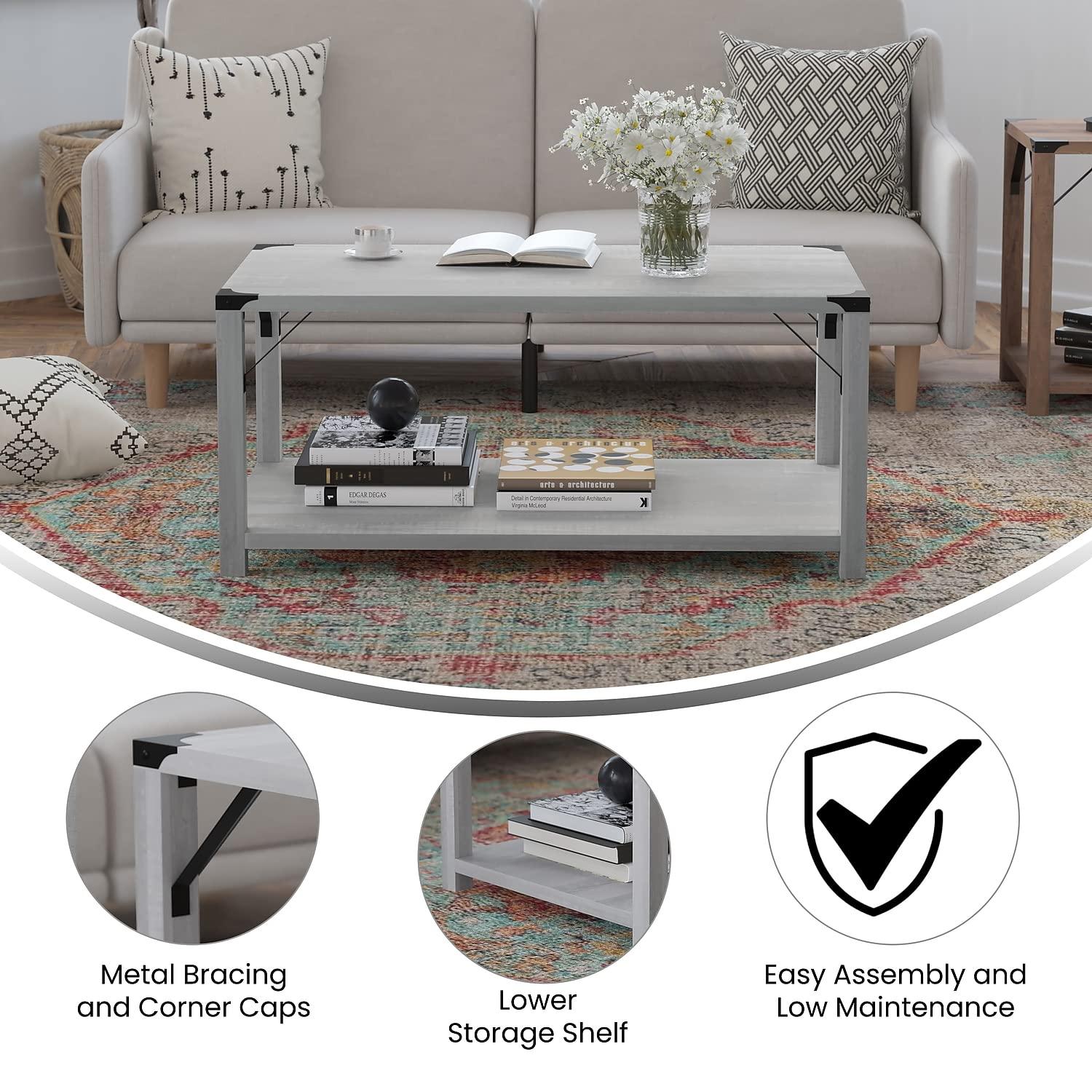 Flash Furniture Wyatt Modern Farmhouse Wooden 2 Tier Coffee Table with Black Metal Corner Accents and Cross Bracing, Aspen Gray
