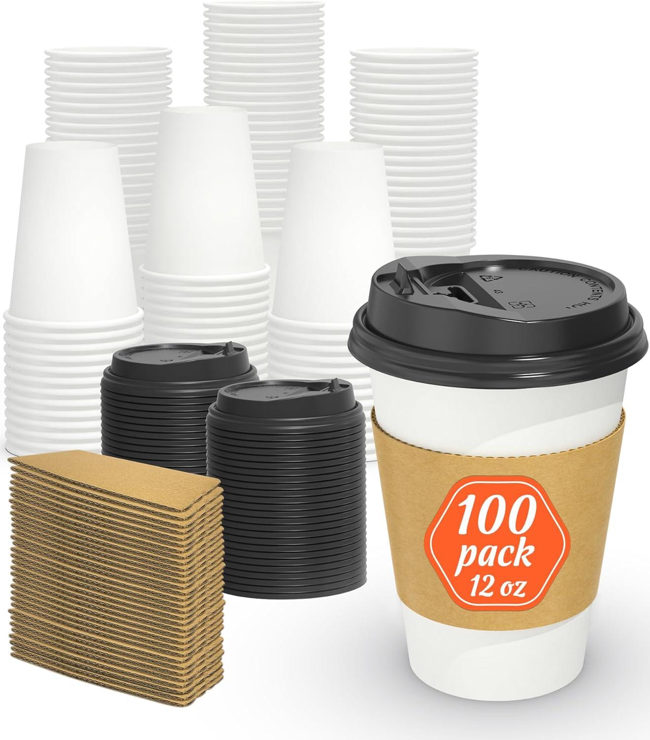 GUSTO 12 Oz Paper Cups Disposable Coffee Cups with Lids & Coffee Sleeves, 100 Sets