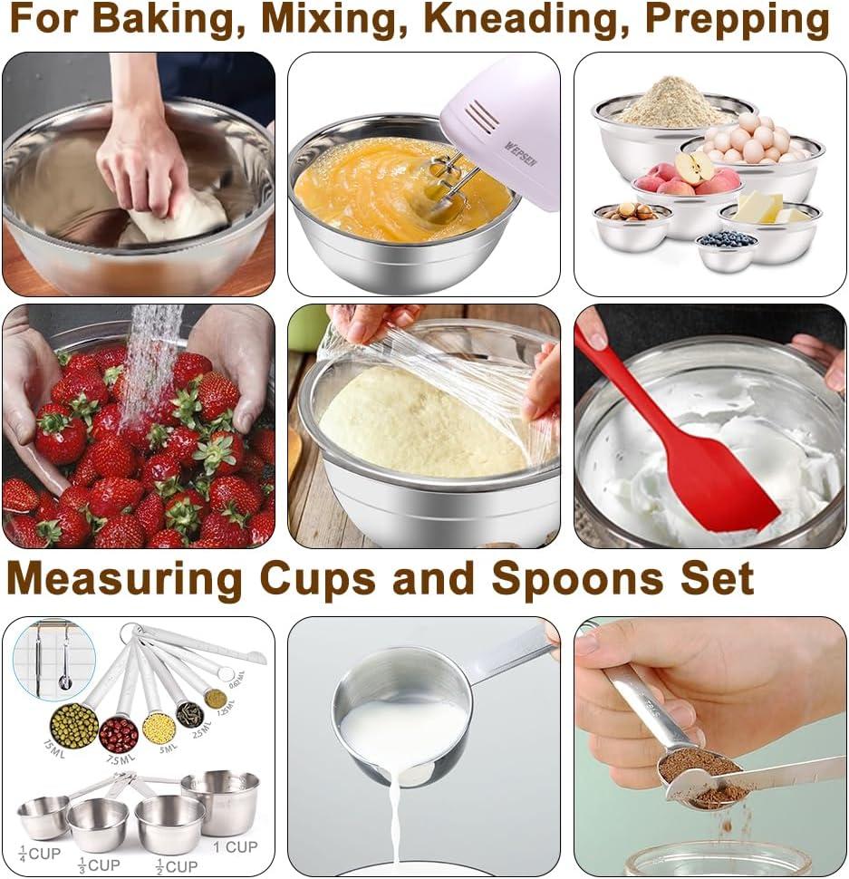 MODERN WALLS LLC B07SJQZVZS Hand Mixer Electric Mixing Bowls Set, 5 Speeds Handheld Mixer With 4 Nesting Stainless Steel Mixing Bowl, Measuring Cups Spoons 200W Kitchen Blender Whisk Beater Baking Supplies For Beginner